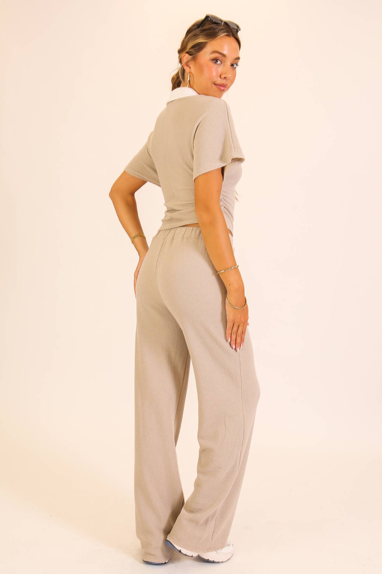 Textured Polo Lounge Top & Wide-Leg Pant Set