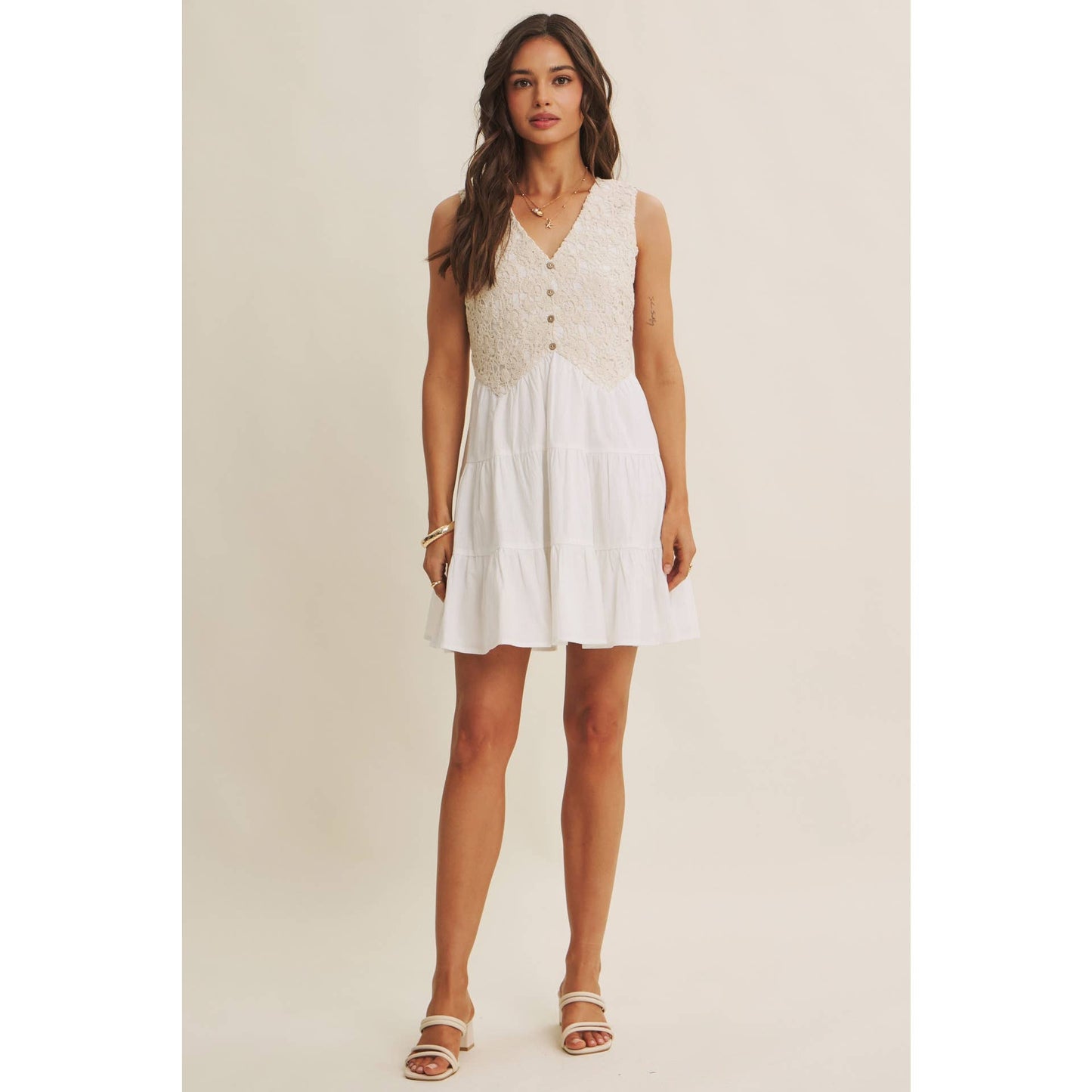 FRENCH PICNIC MIXED MEDIA COTTON CROCHET MINI DRESS