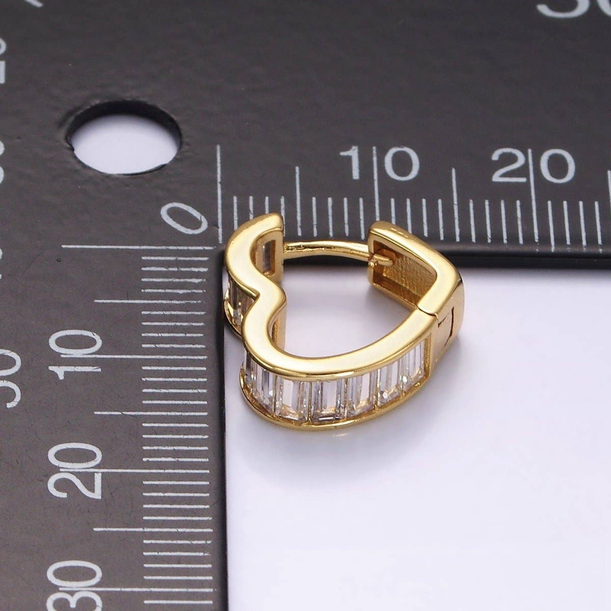14K Gold Filled 15mm Clear Baguette Lined Heart Huggie Earrings