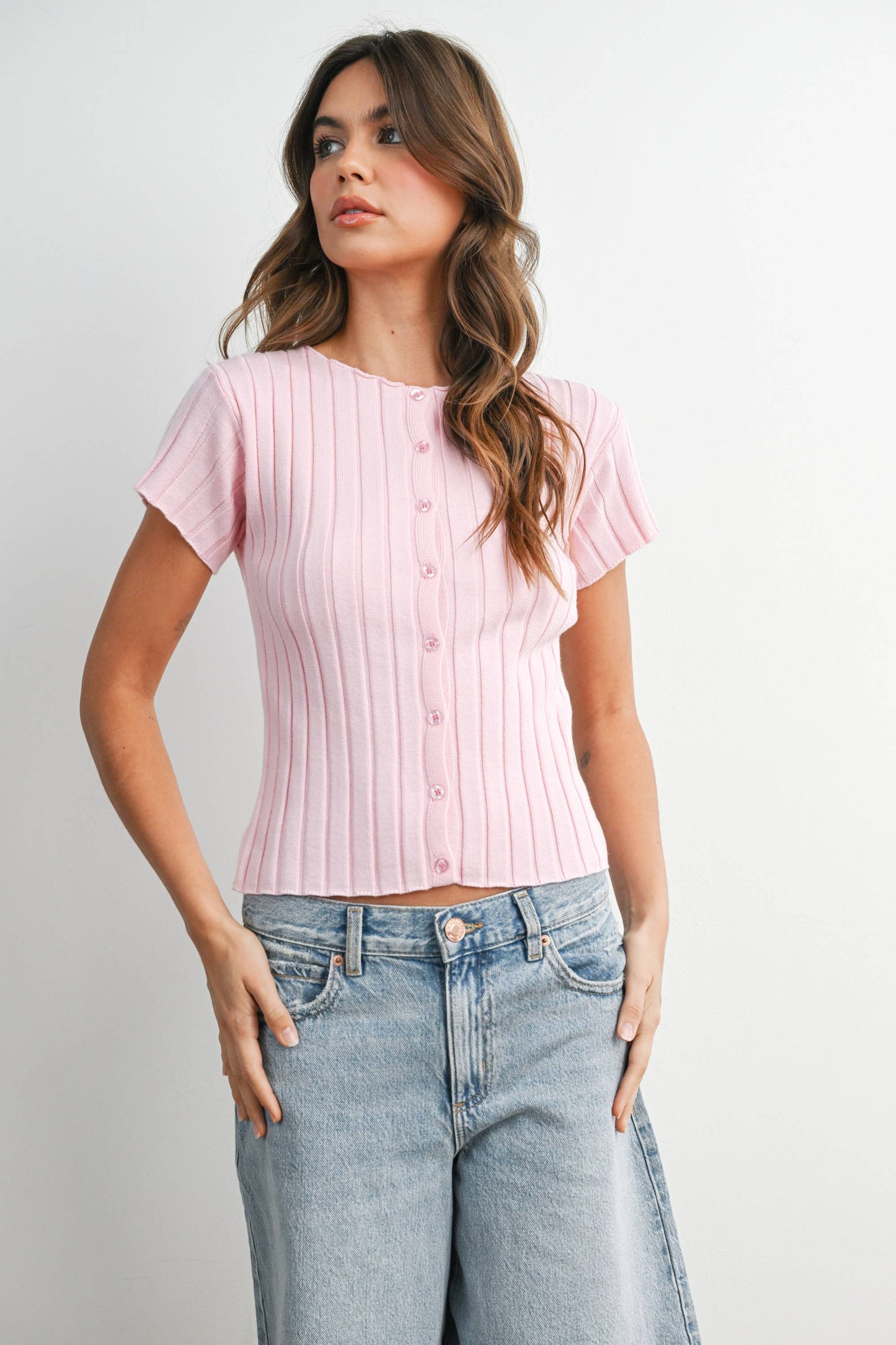 Ribbed Short Sleeve Buttoned Top - BMW8319