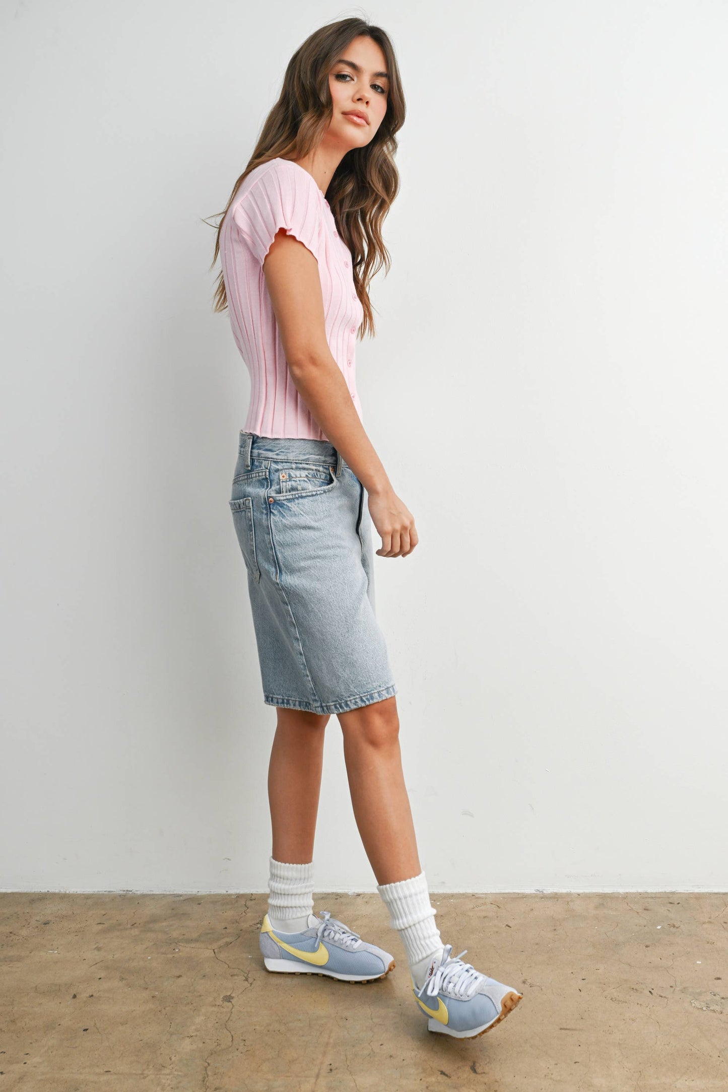 Ribbed Short Sleeve Buttoned Top - BMW8319