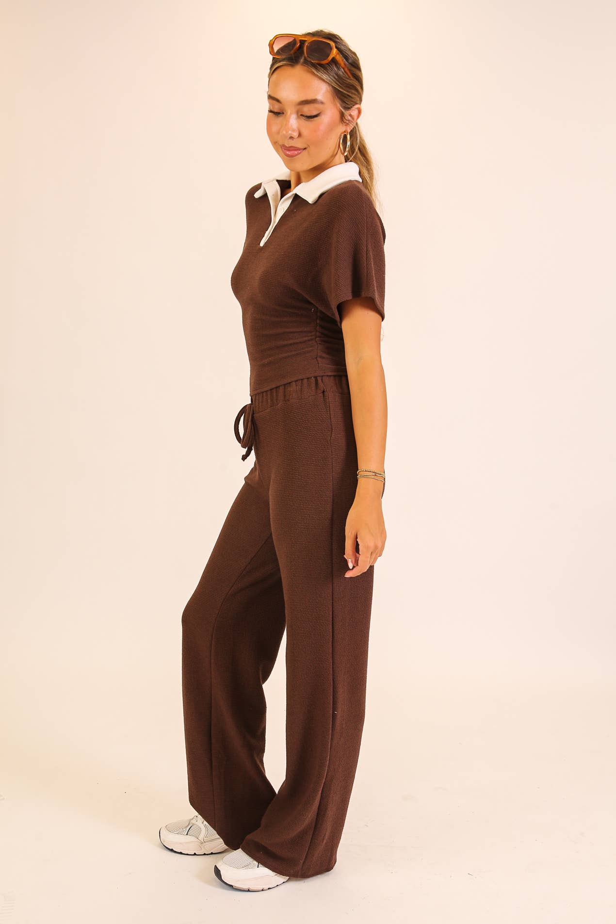 Textured Polo Lounge Top & Wide-Leg Pant Set