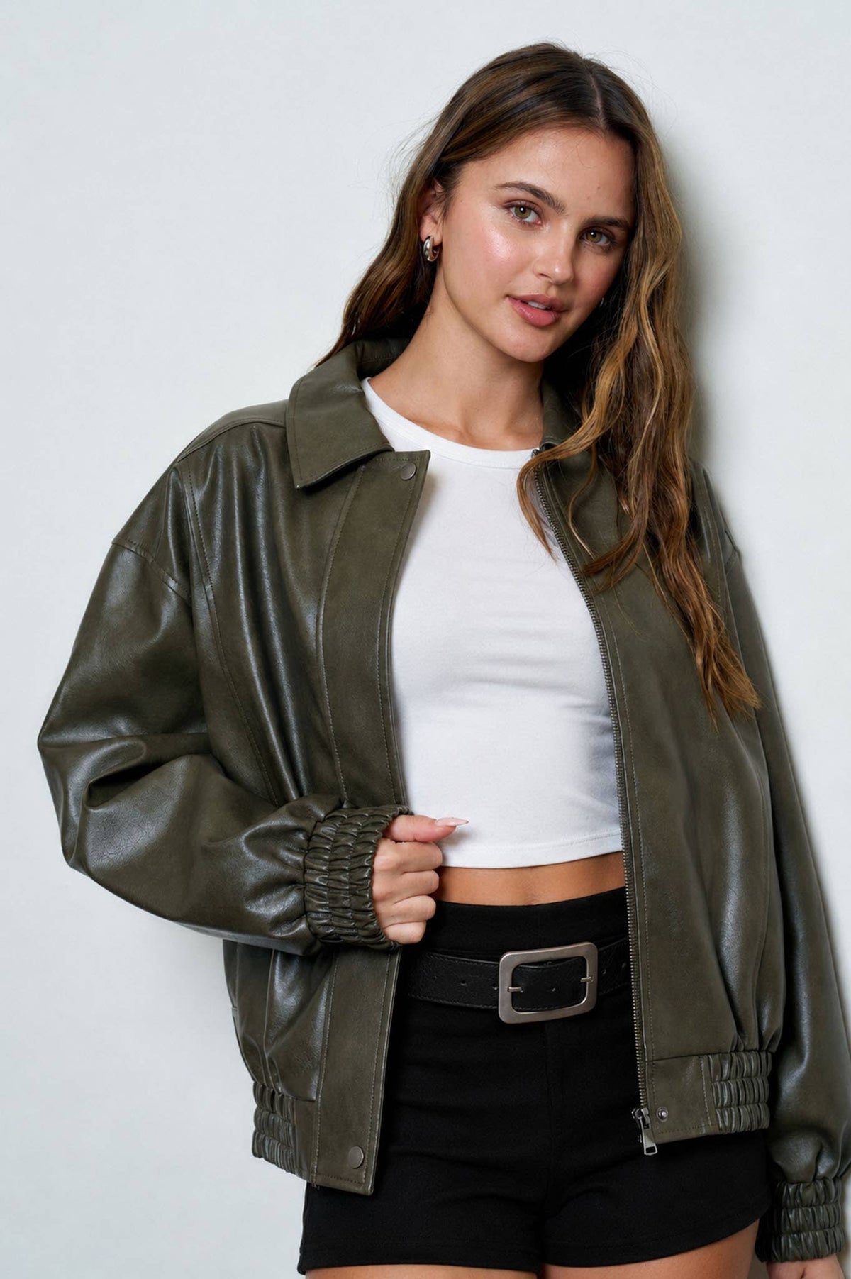 FAUX LEATHER COLLARED ZIP-UP BOMBER JACKET