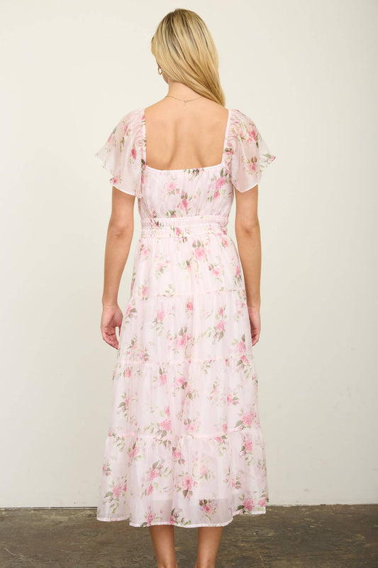 Floral Chiffon Flounce Sleeve Midi Dress