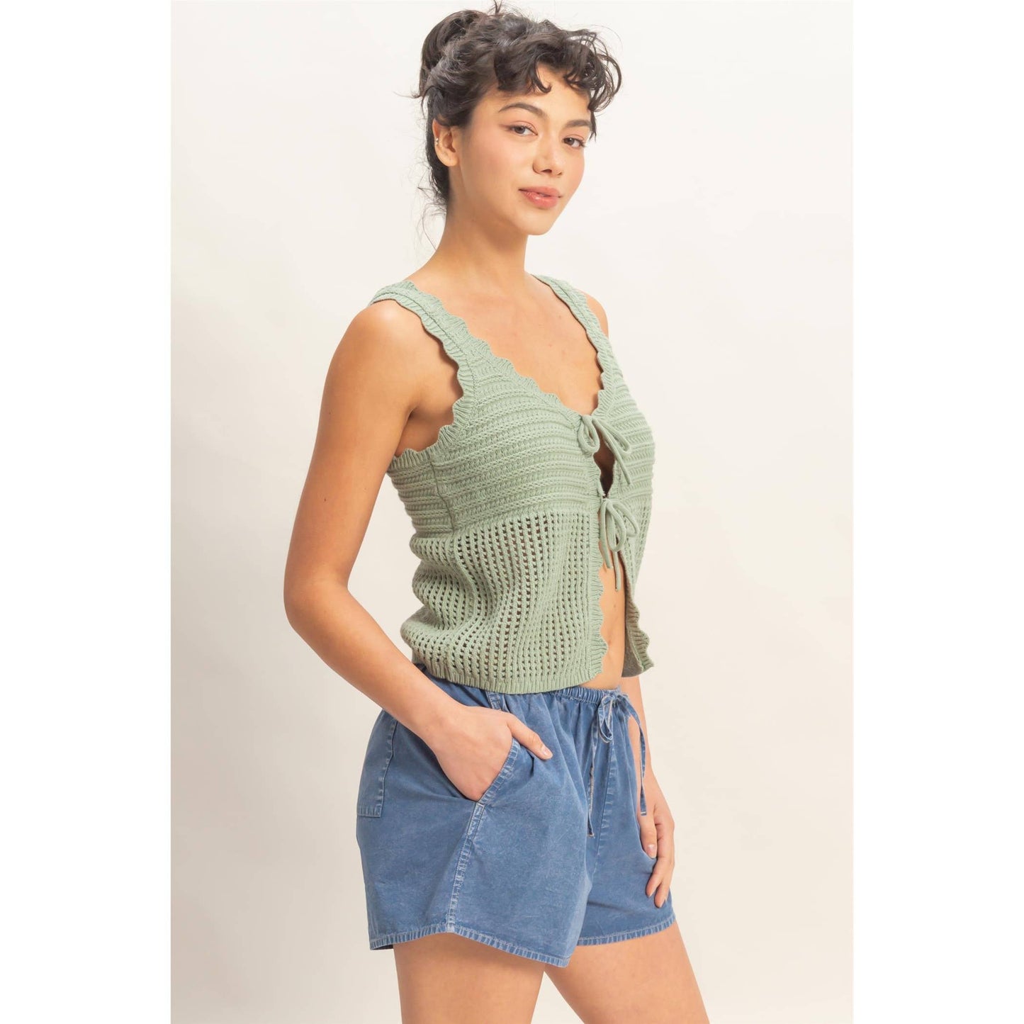 Sleeveless Open Knit Double Tie-Front Vest