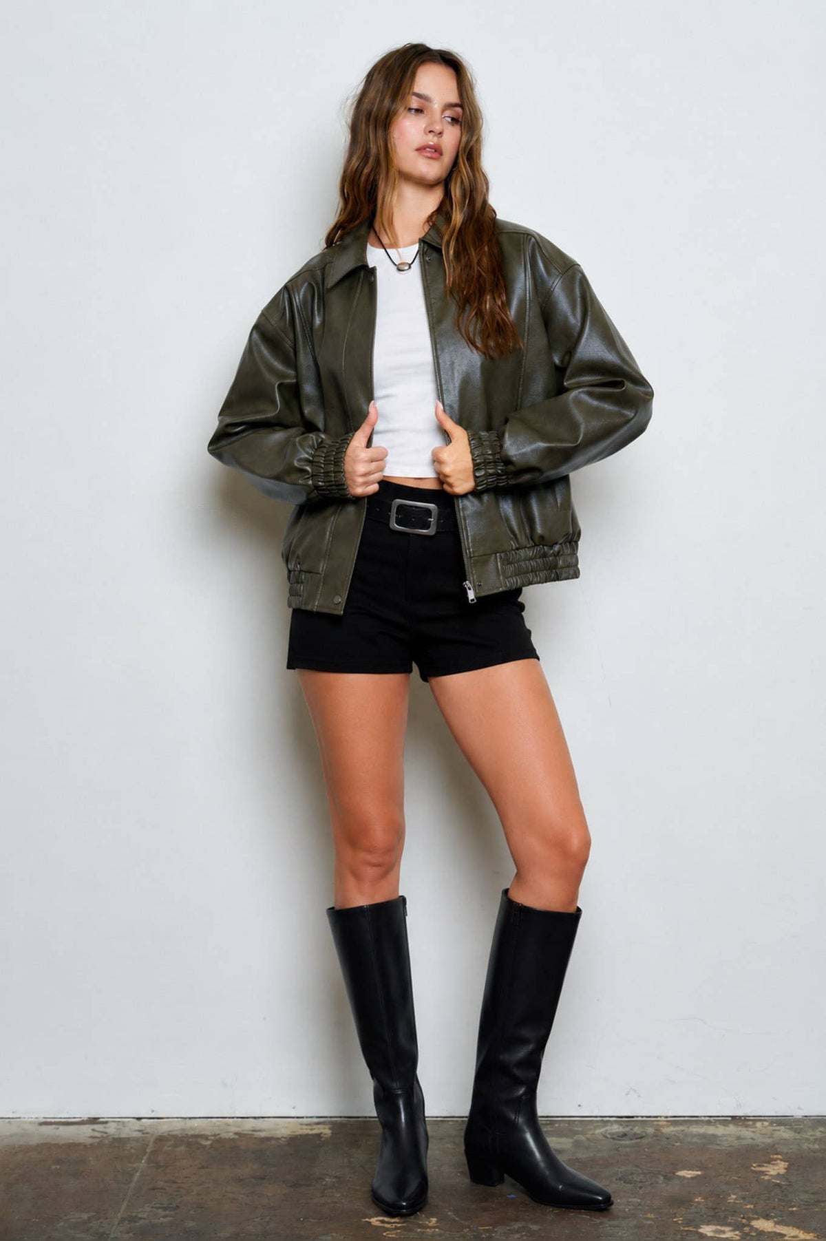FAUX LEATHER COLLARED ZIP-UP BOMBER JACKET