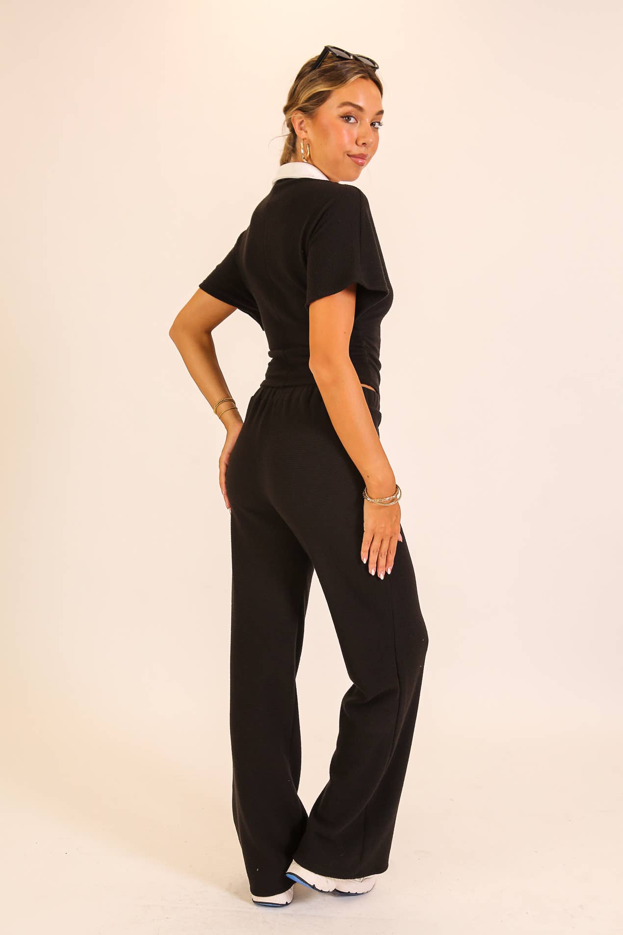 Textured Polo Lounge Top & Wide-Leg Pant Set