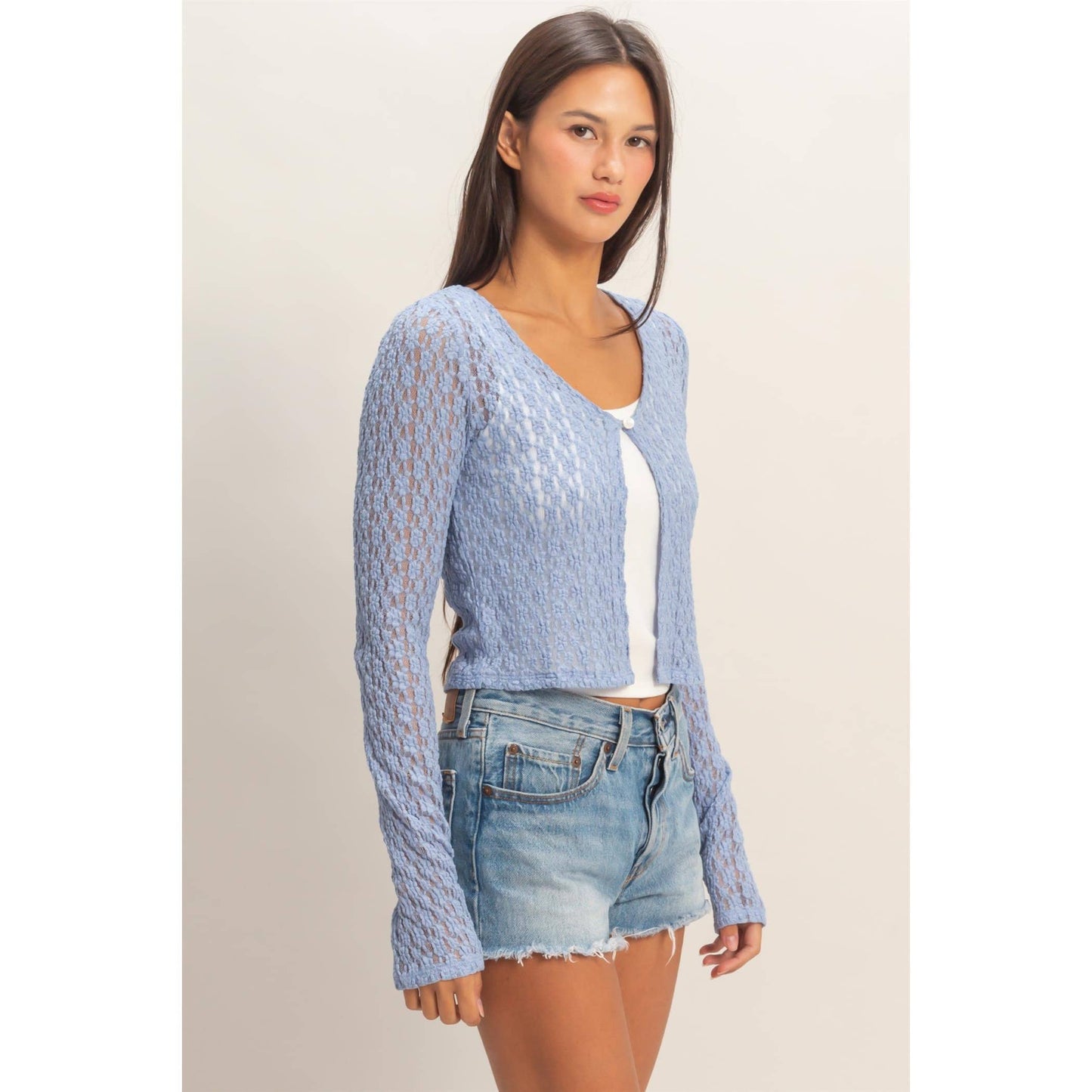 Pearl Button Sheer Lace Cardigan Top