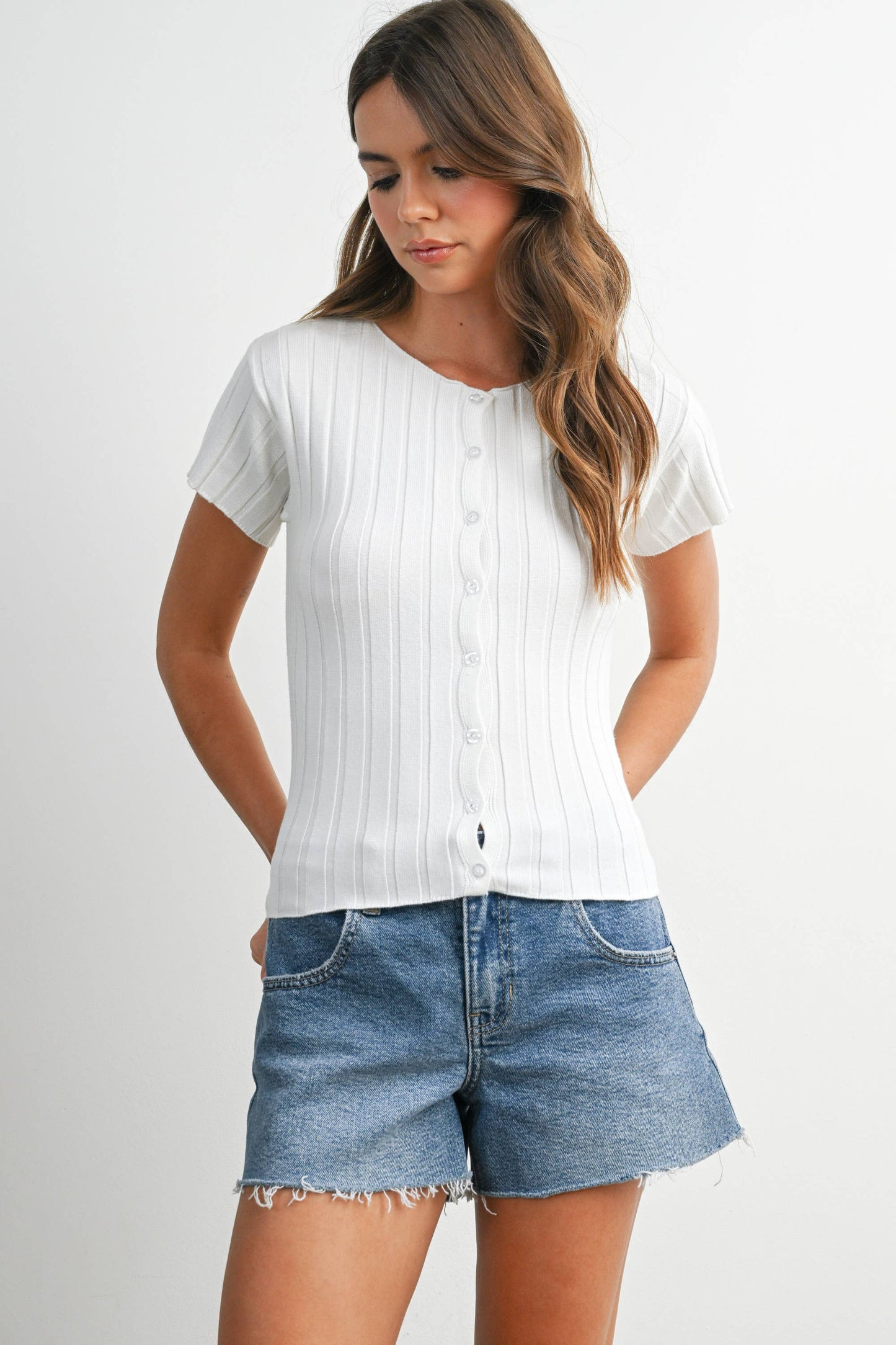 Ribbed Short Sleeve Buttoned Top - BMW8319