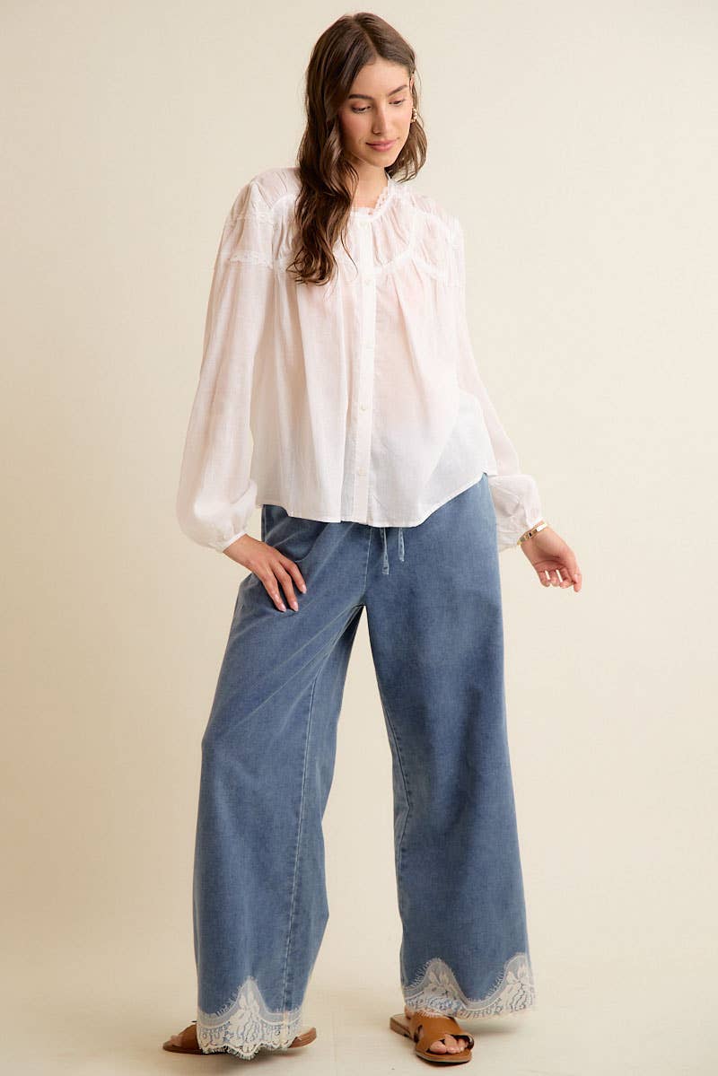 LACE TRIM WIDE LEG ELASTIC MID RISE DENIM PANTS