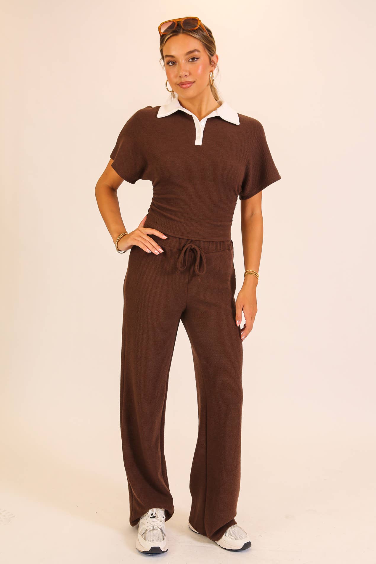 Textured Polo Lounge Top & Wide-Leg Pant Set