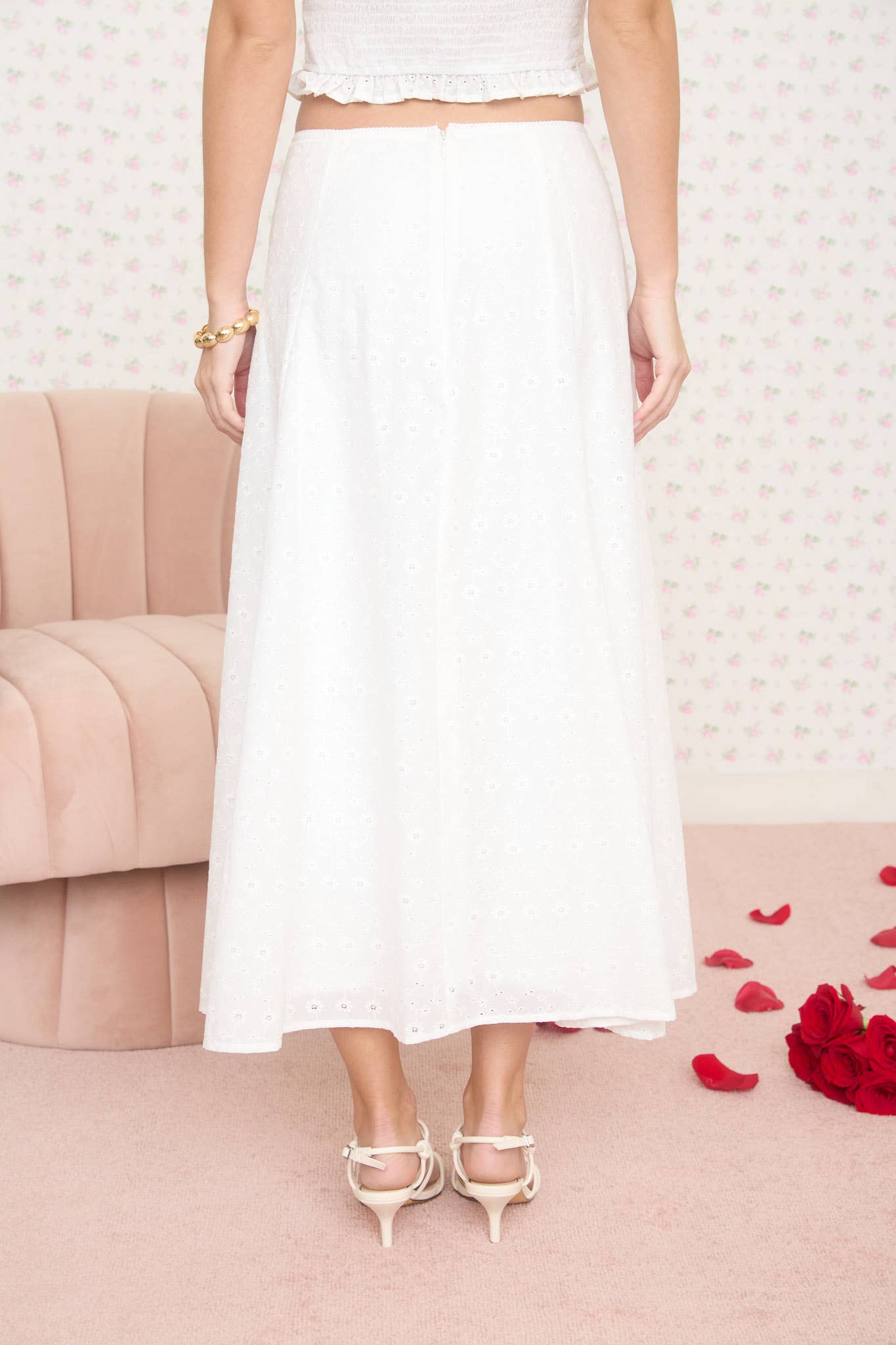 White Eyelet Pattern Midi Skirt
