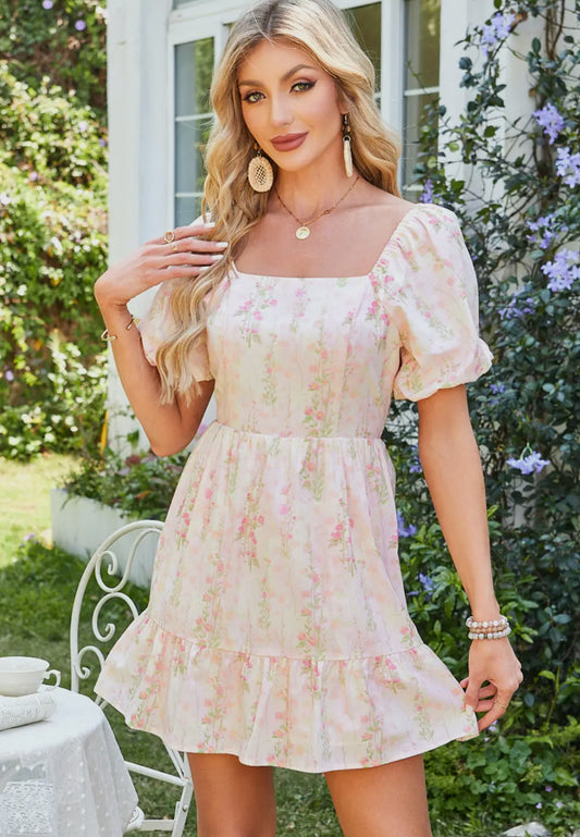 Floral Puff Sleeve Square Neck Knot Open Mini Dress