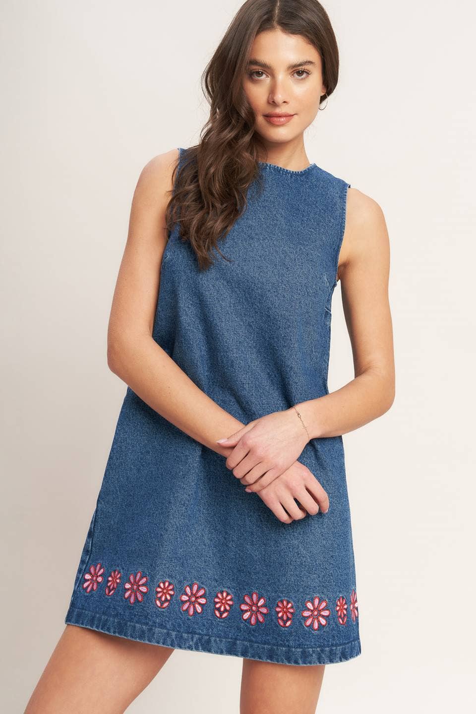 Denim Mini Dress with Dainty Pink Flowers