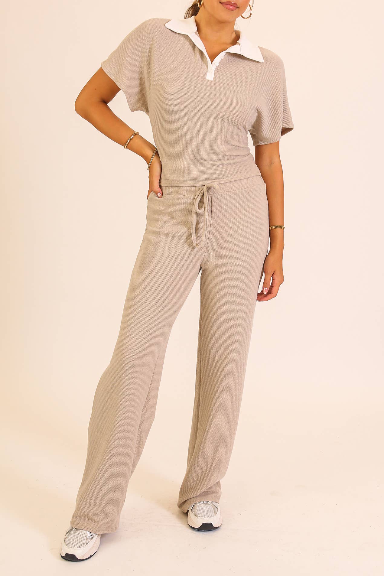 Textured Polo Lounge Top & Wide-Leg Pant Set