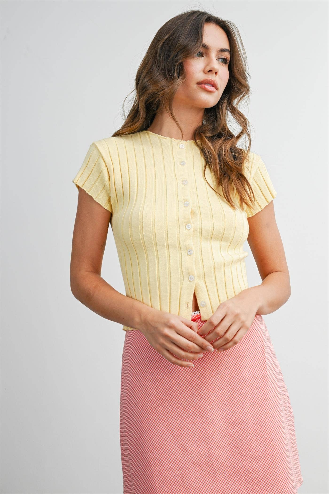 Ribbed Short Sleeve Buttoned Top - BMW8319