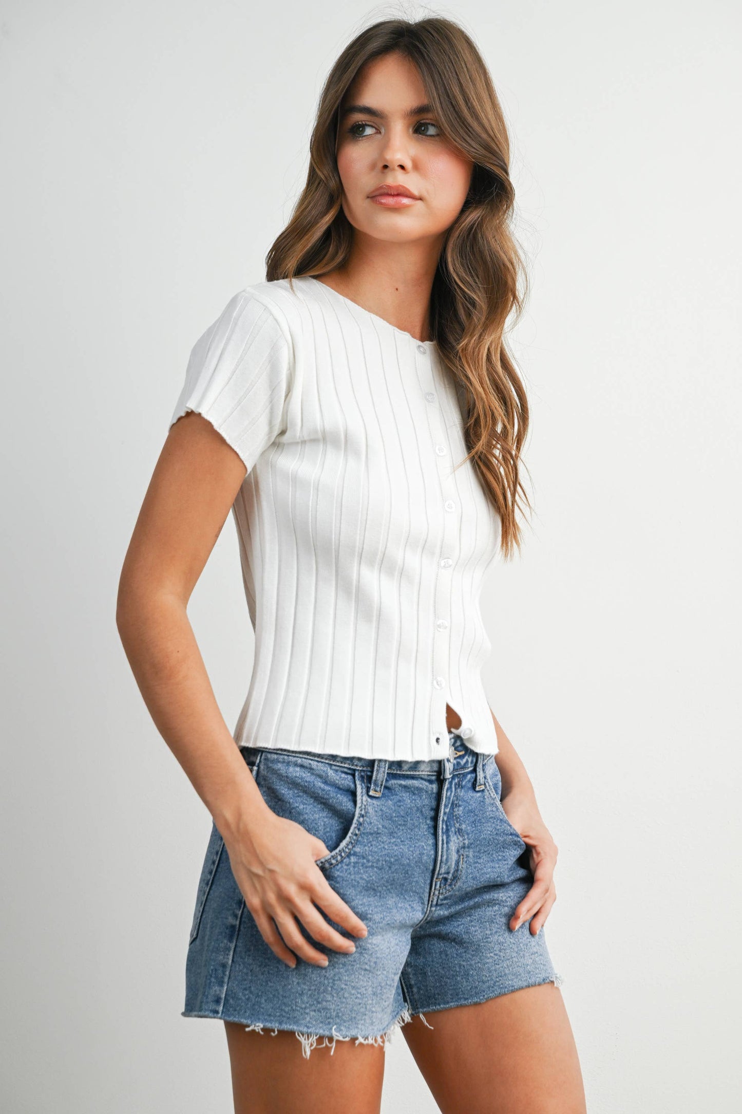Ribbed Short Sleeve Buttoned Top - BMW8319