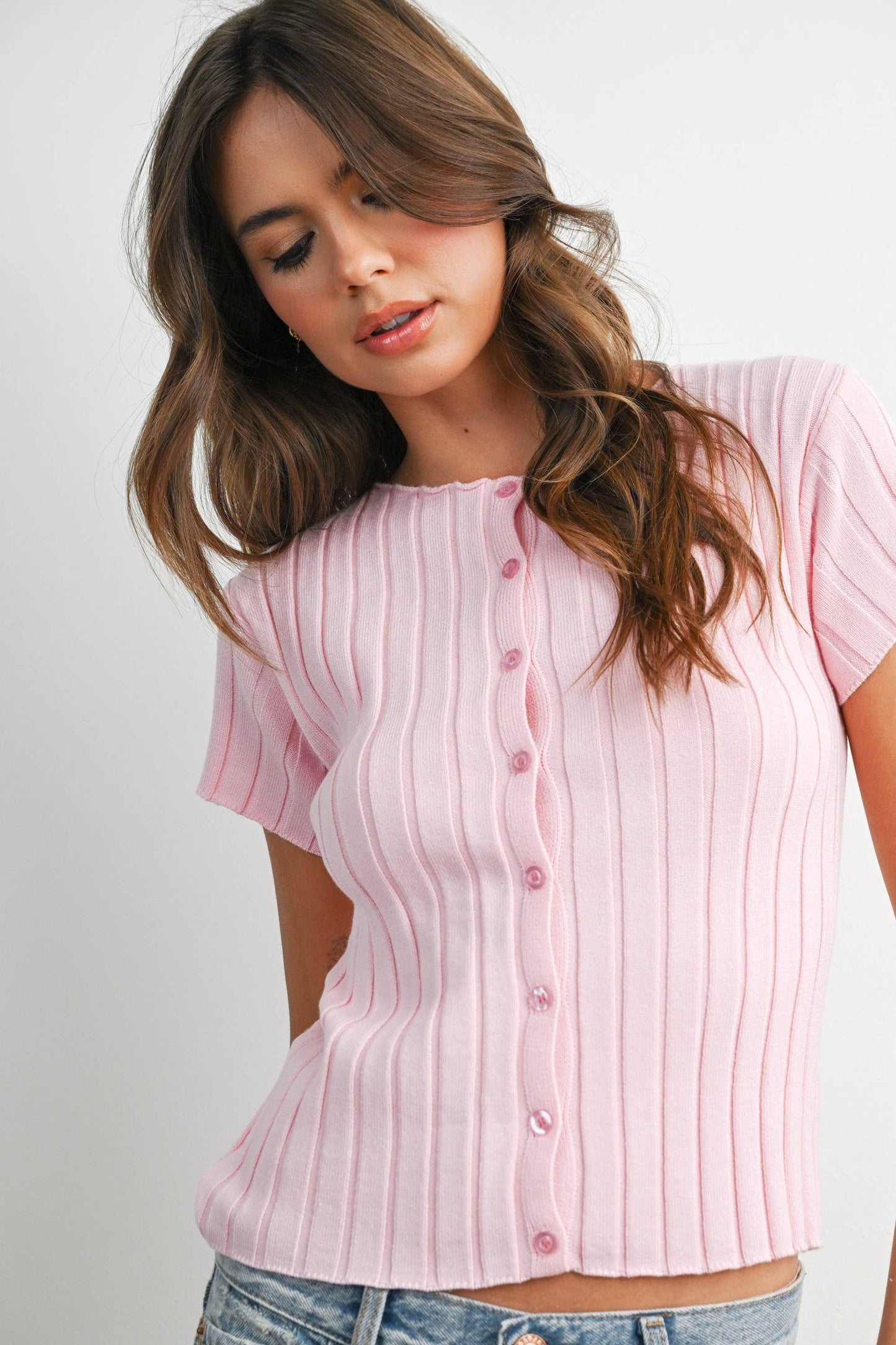 Ribbed Short Sleeve Buttoned Top - BMW8319