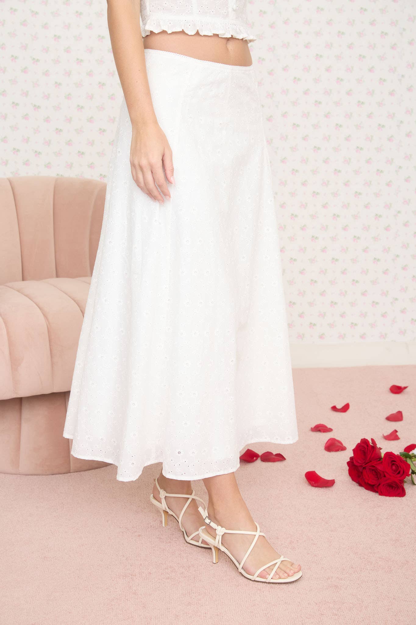 White Eyelet Pattern Midi Skirt