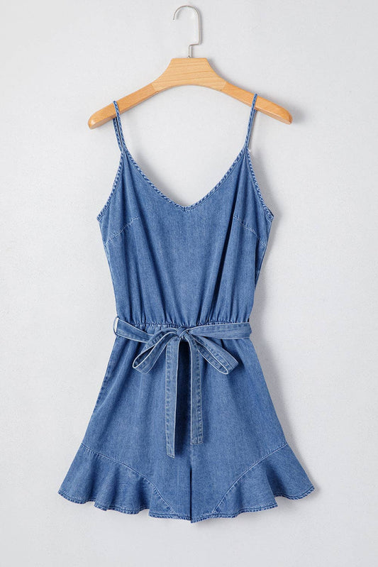 Chambray Ruffle Hem Belted Summer Romper