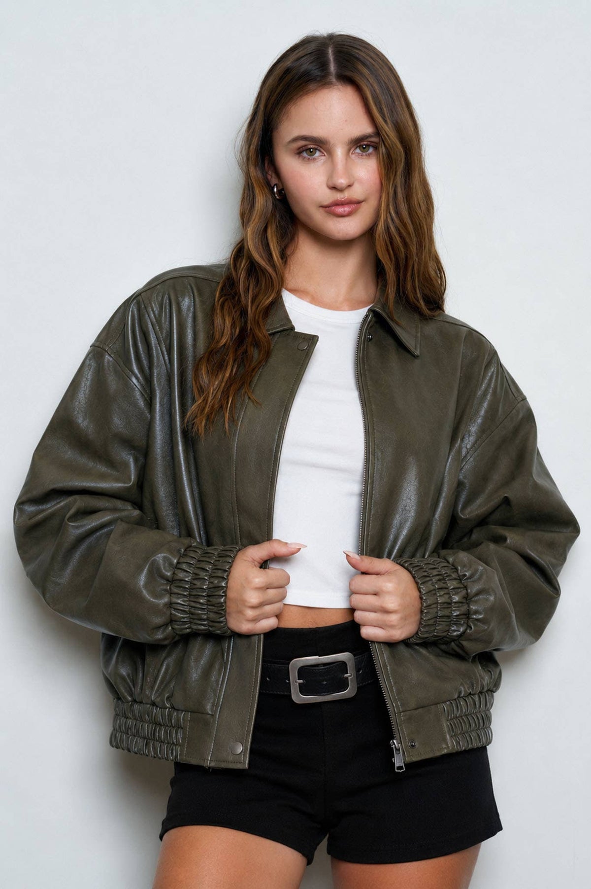 FAUX LEATHER COLLARED ZIP-UP BOMBER JACKET