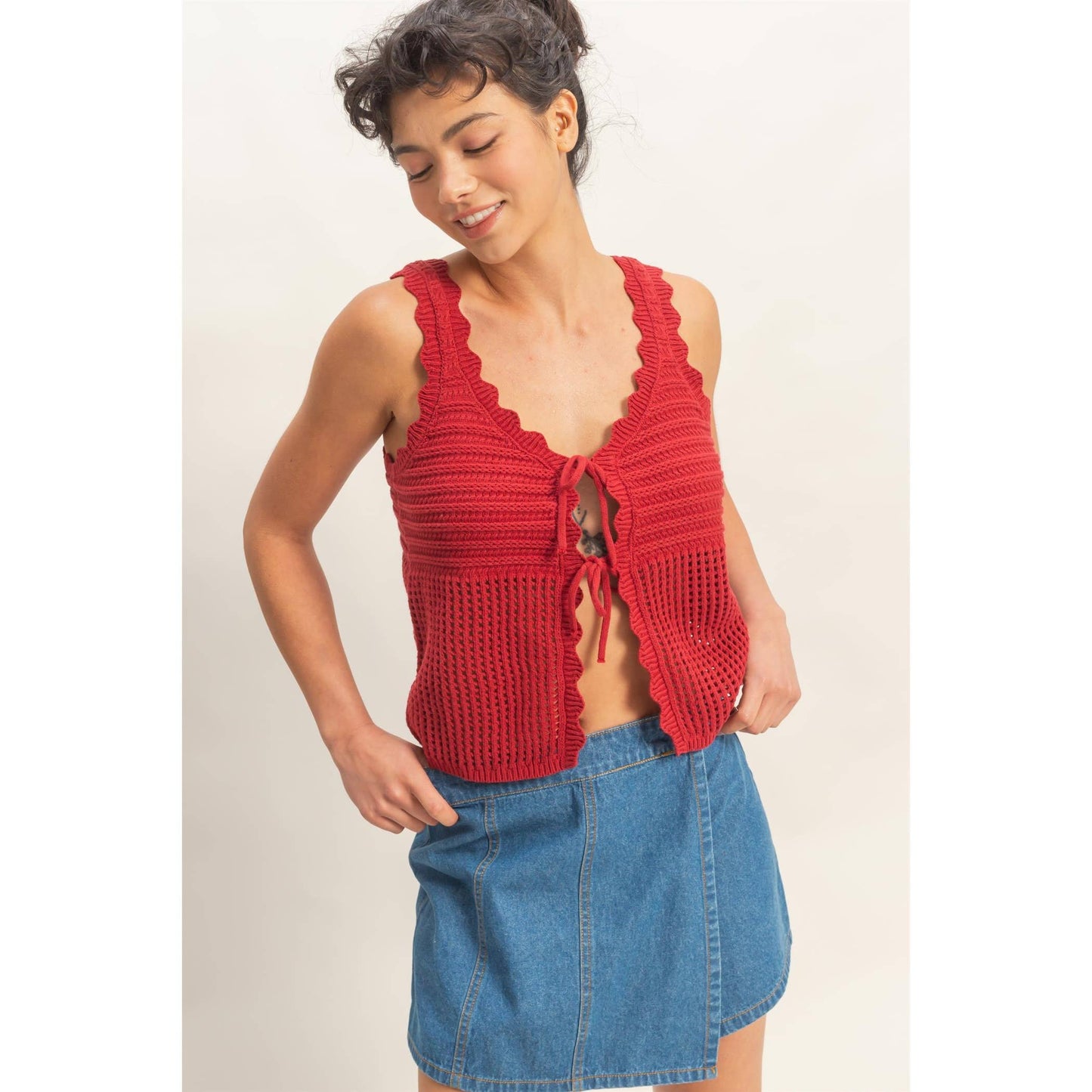 Sleeveless Open Knit Double Tie-Front Vest
