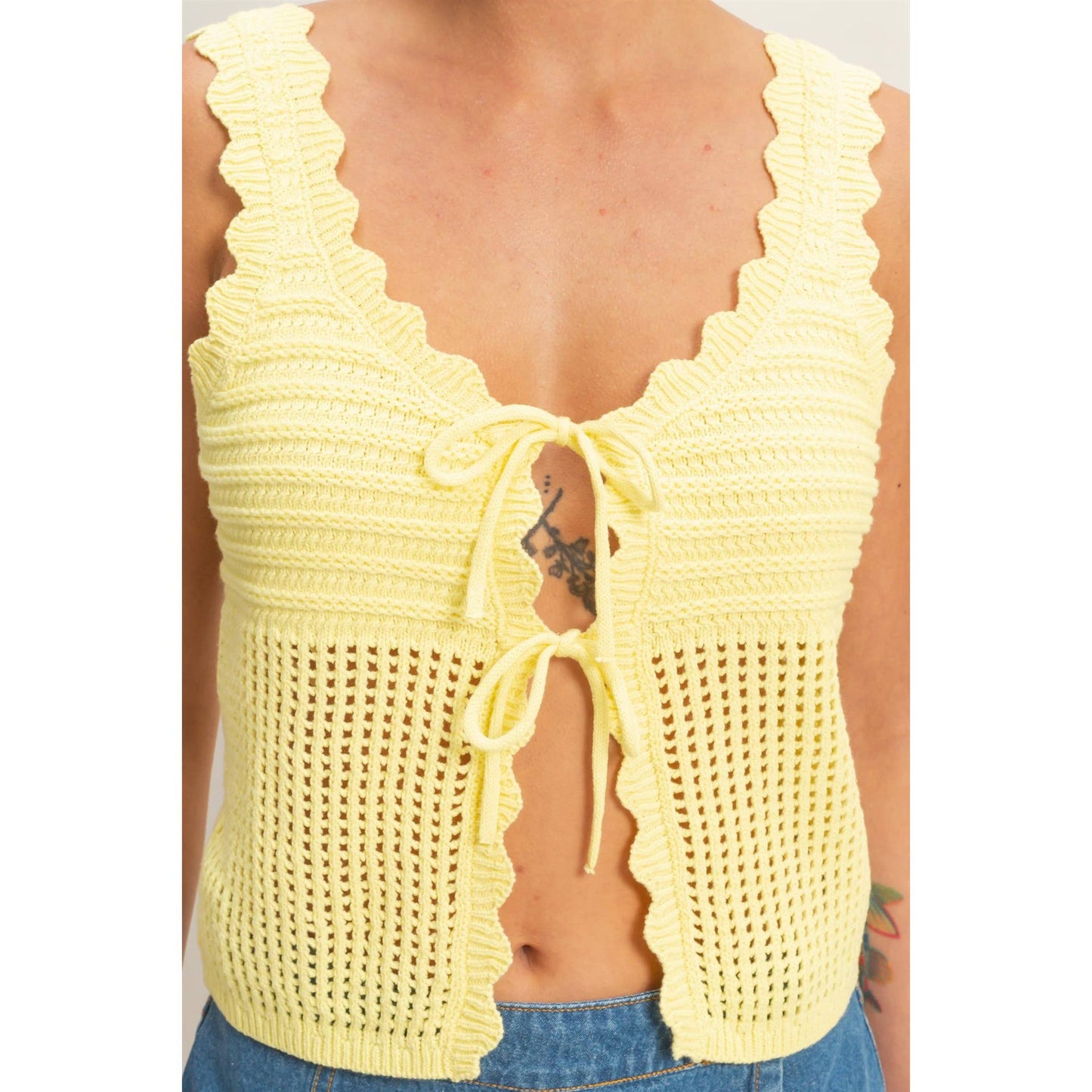 Sleeveless Open Knit Double Tie-Front Vest