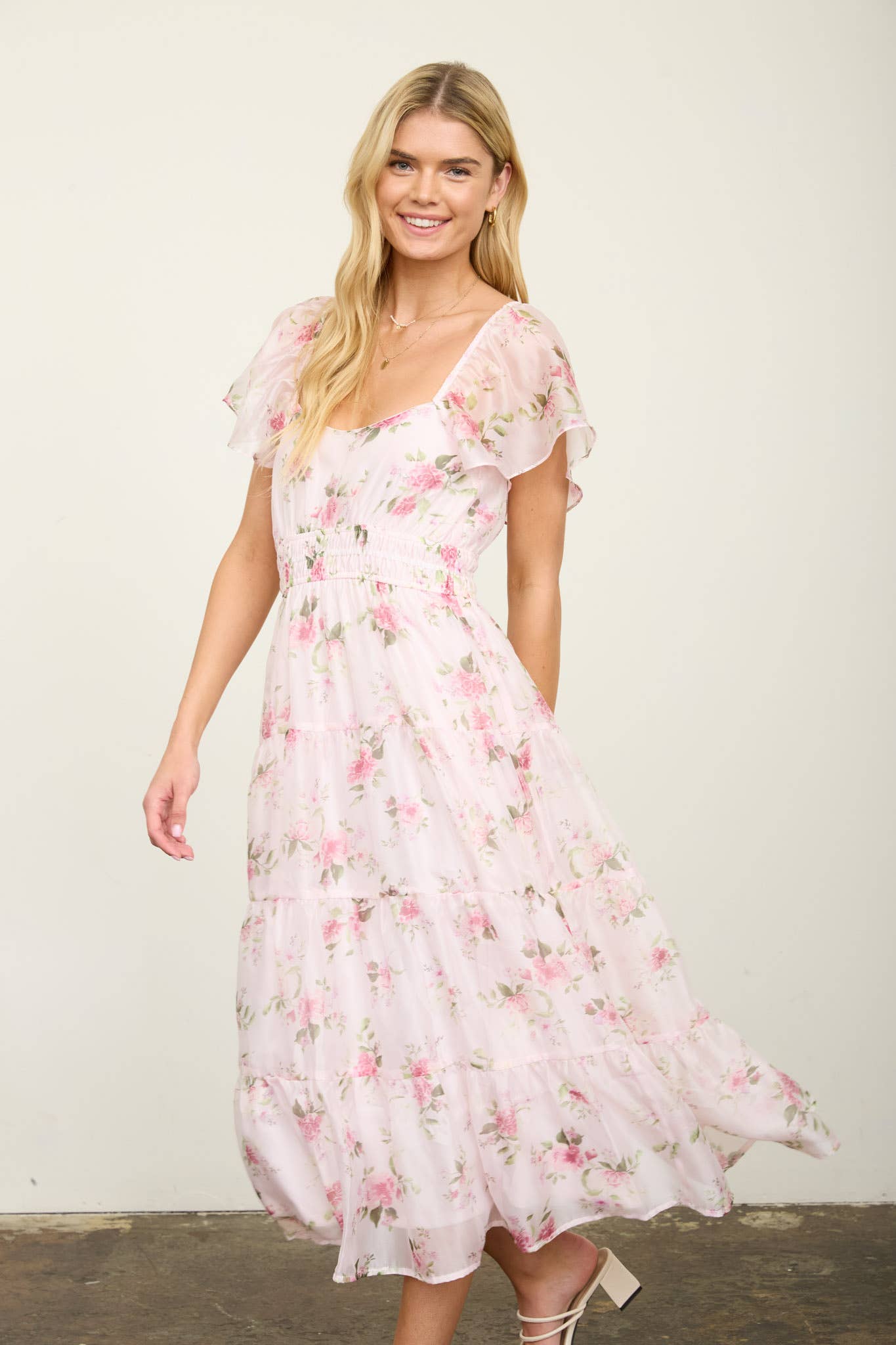 Floral Chiffon Flounce Sleeve Midi Dress