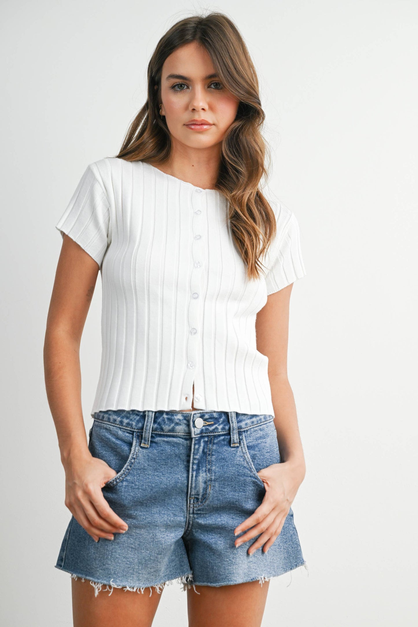 Ribbed Short Sleeve Buttoned Top - BMW8319