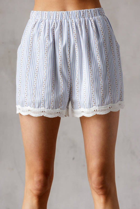 Blue & White with Tiny Floral Print Scalloped Shorts