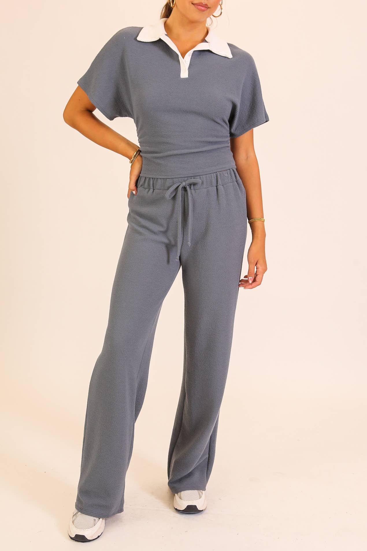 Textured Polo Lounge Top & Wide-Leg Pant Set