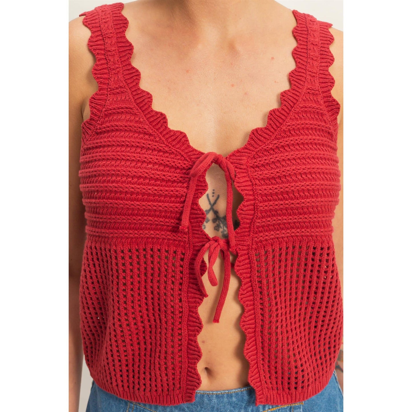 Sleeveless Open Knit Double Tie-Front Vest