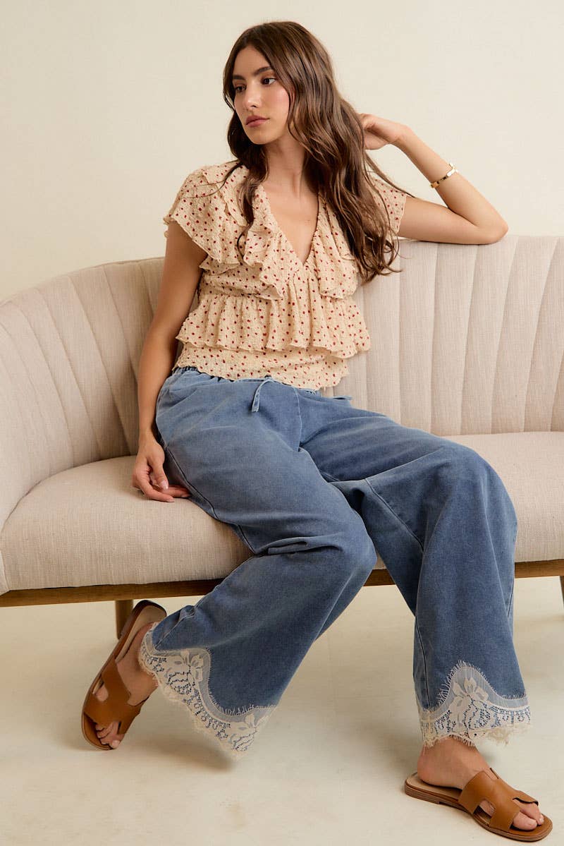 LACE TRIM WIDE LEG ELASTIC MID RISE DENIM PANTS
