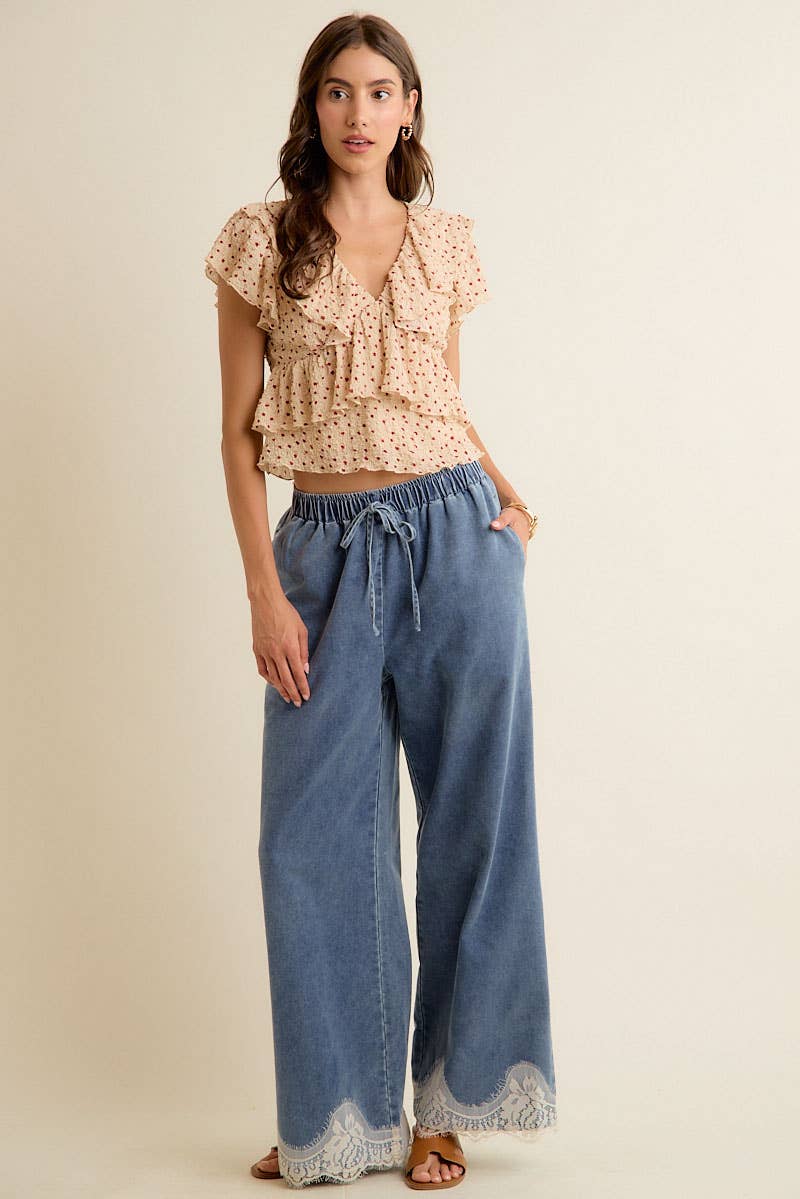 LACE TRIM WIDE LEG ELASTIC MID RISE DENIM PANTS