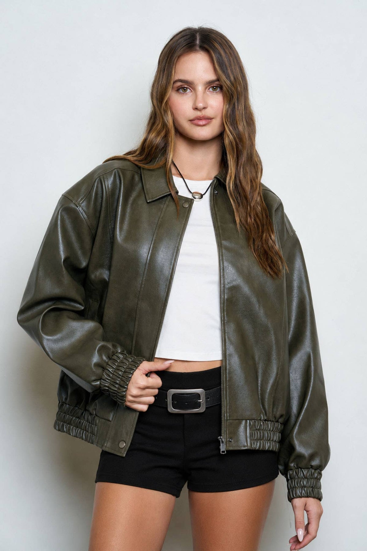 FAUX LEATHER COLLARED ZIP-UP BOMBER JACKET