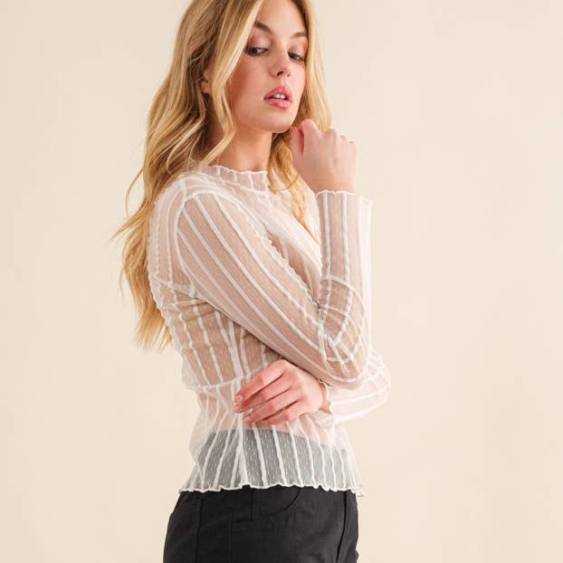White Long Sleeve Sheer Mesh Lace Top