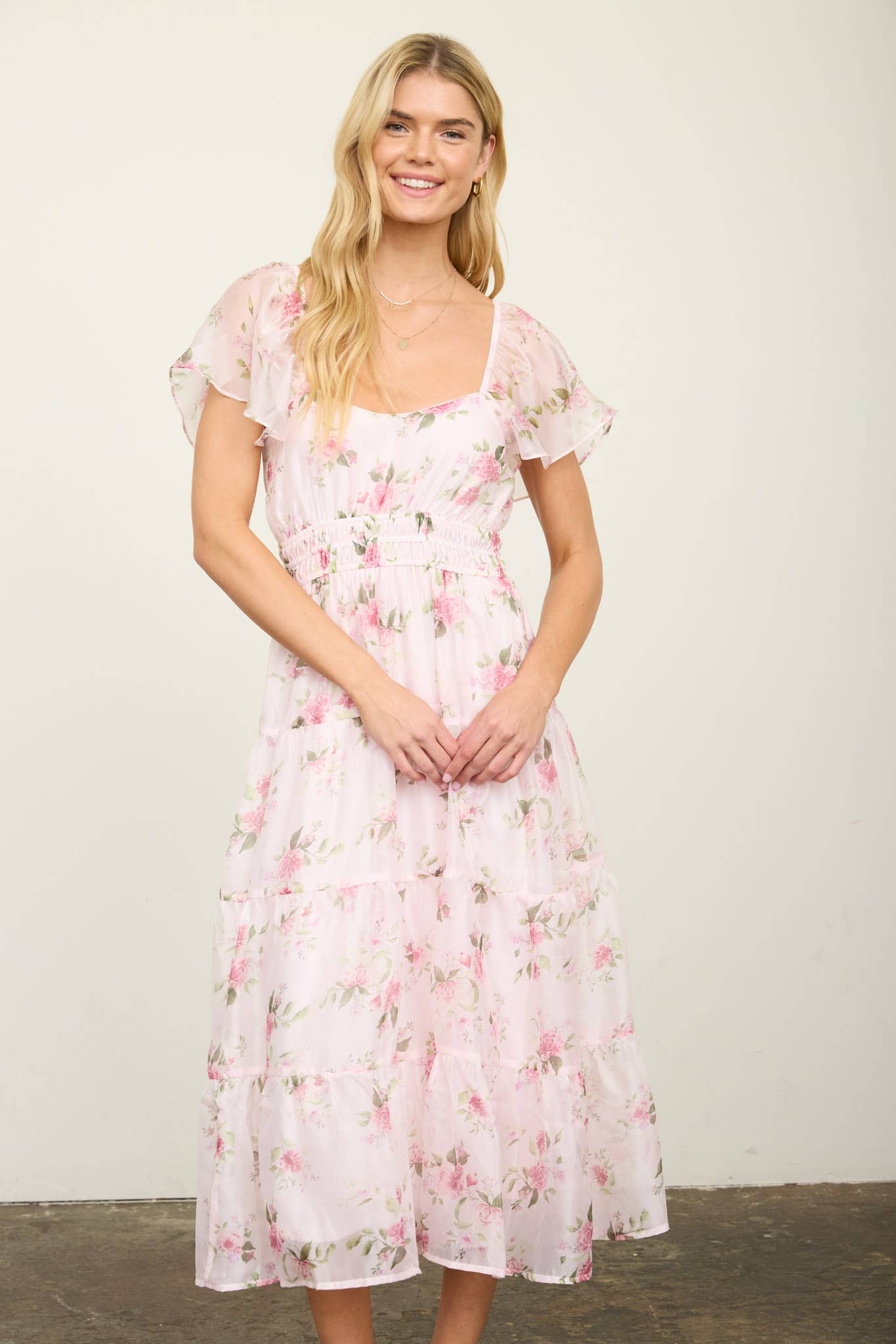 Floral Chiffon Flounce Sleeve Midi Dress