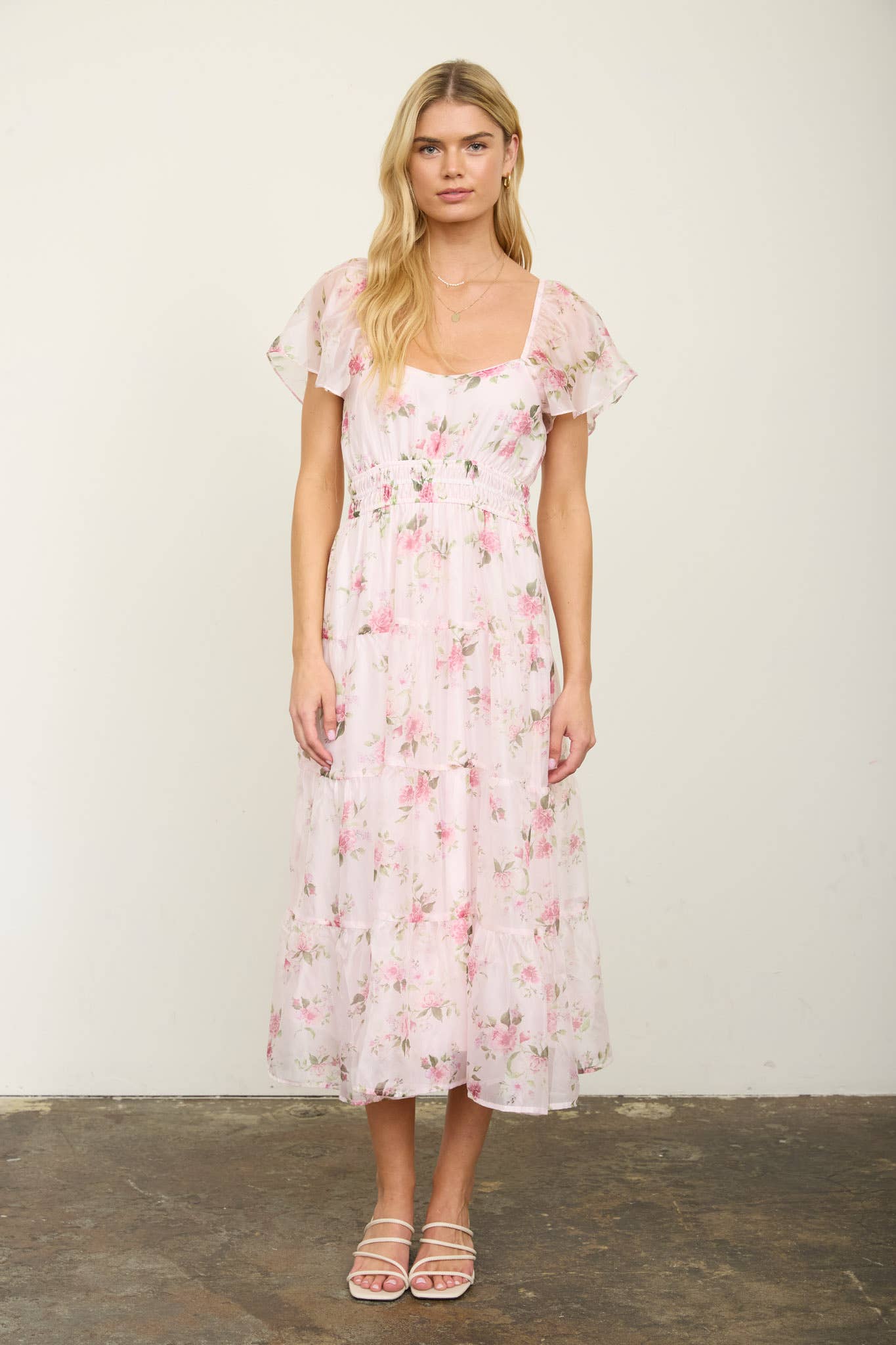 Floral Chiffon Flounce Sleeve Midi Dress