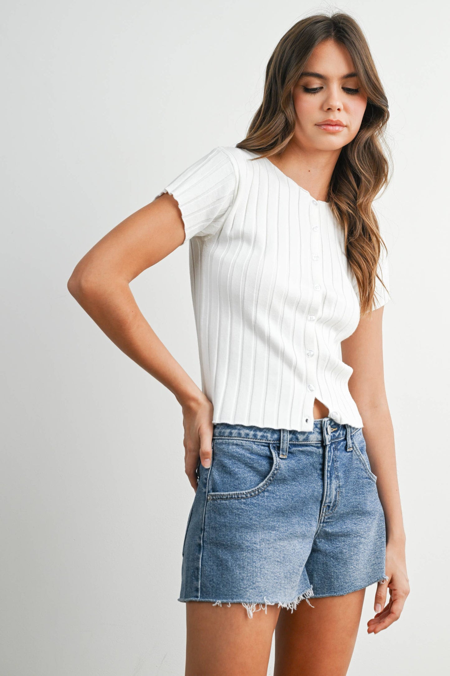 Ribbed Short Sleeve Buttoned Top - BMW8319