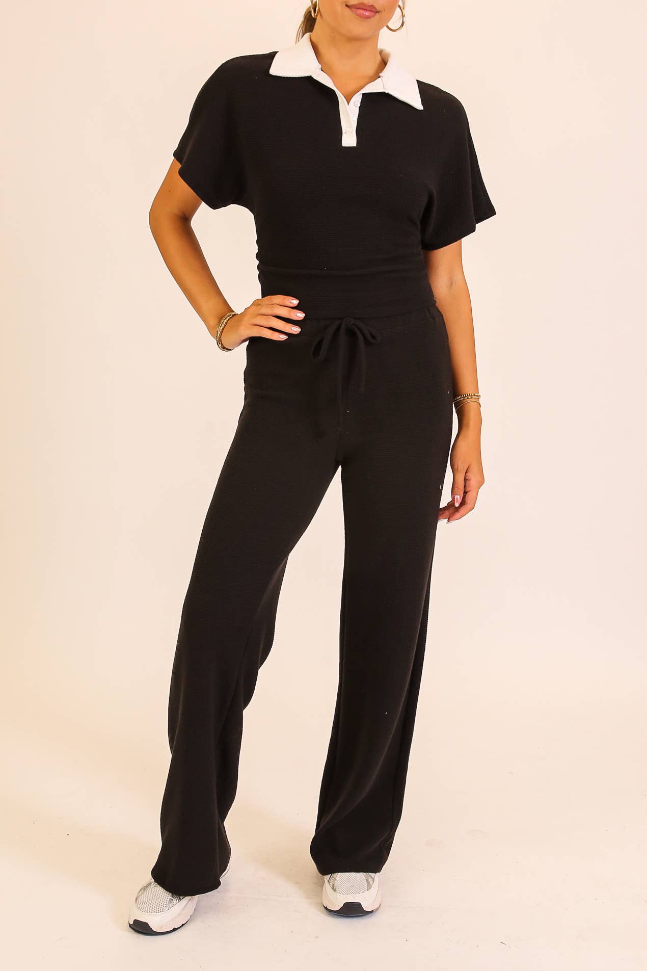 Textured Polo Lounge Top & Wide-Leg Pant Set