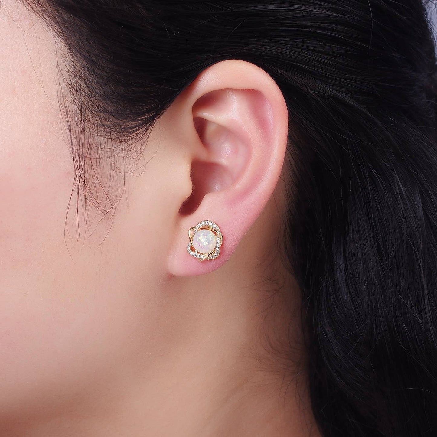 White Opal Curved Micro Paved Band Round Stud Earrings