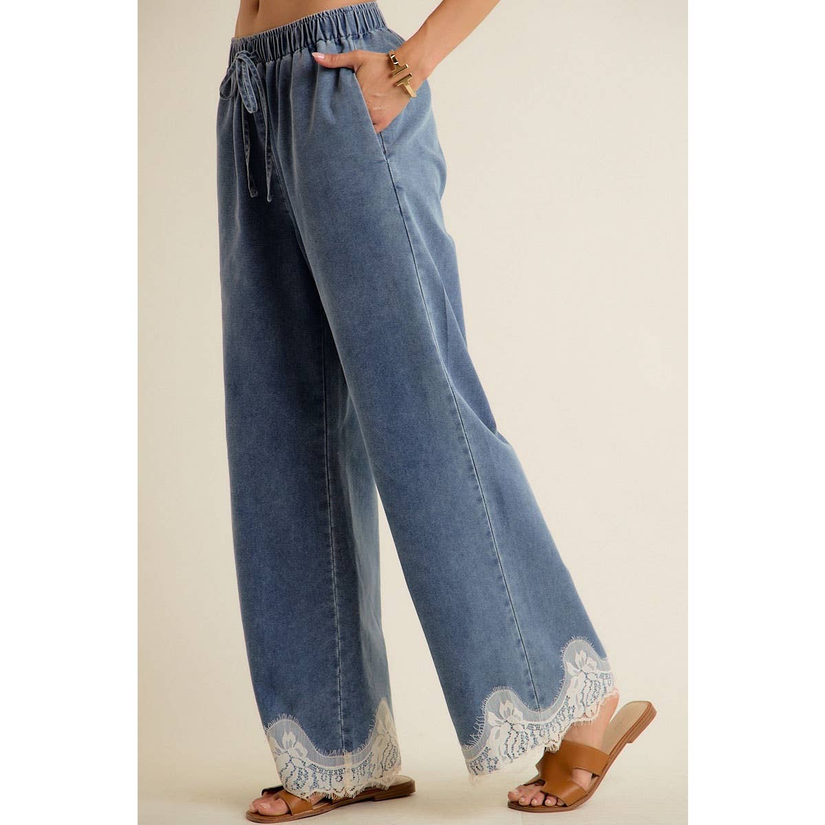LACE TRIM WIDE LEG ELASTIC MID RISE DENIM PANTS