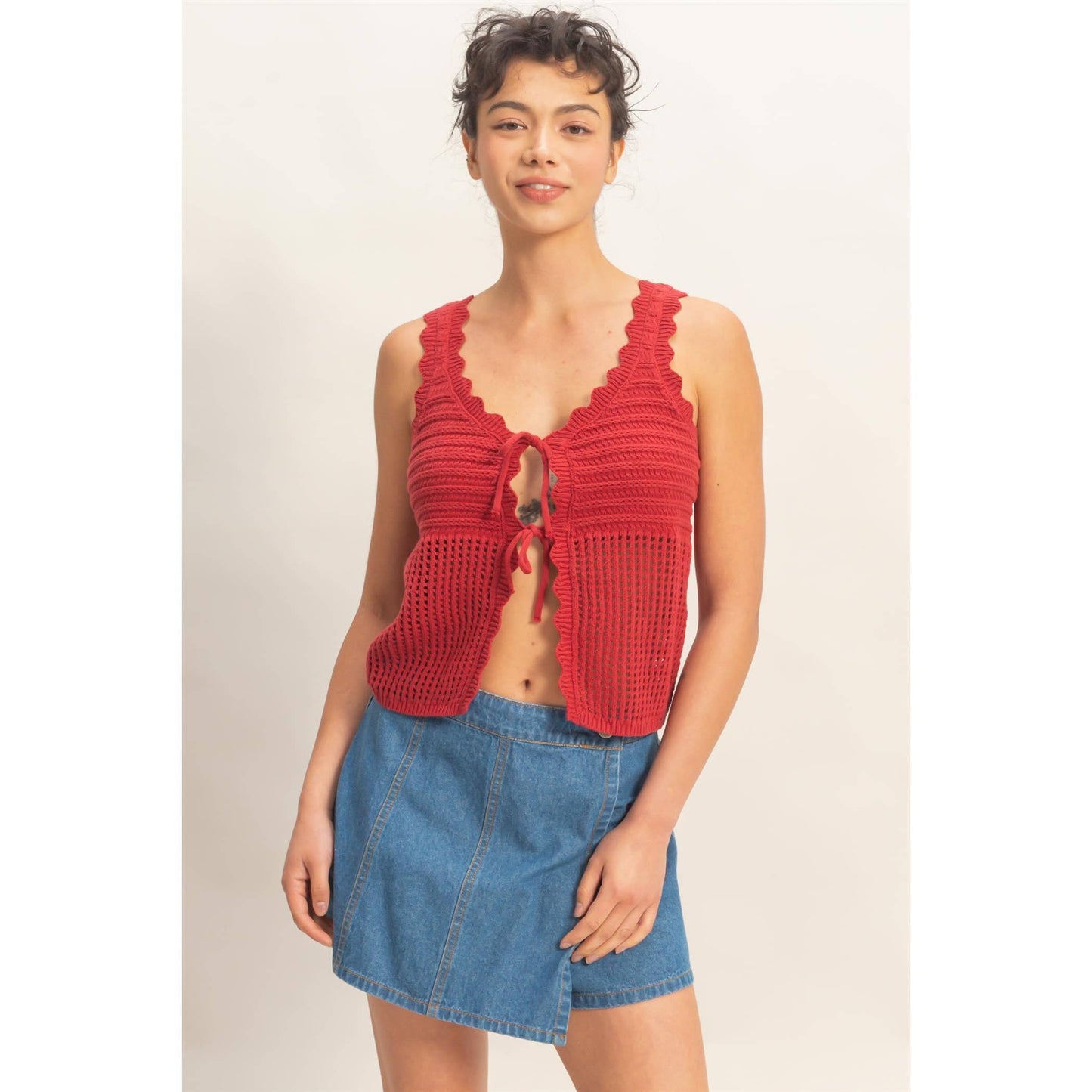 Sleeveless Open Knit Double Tie-Front Vest