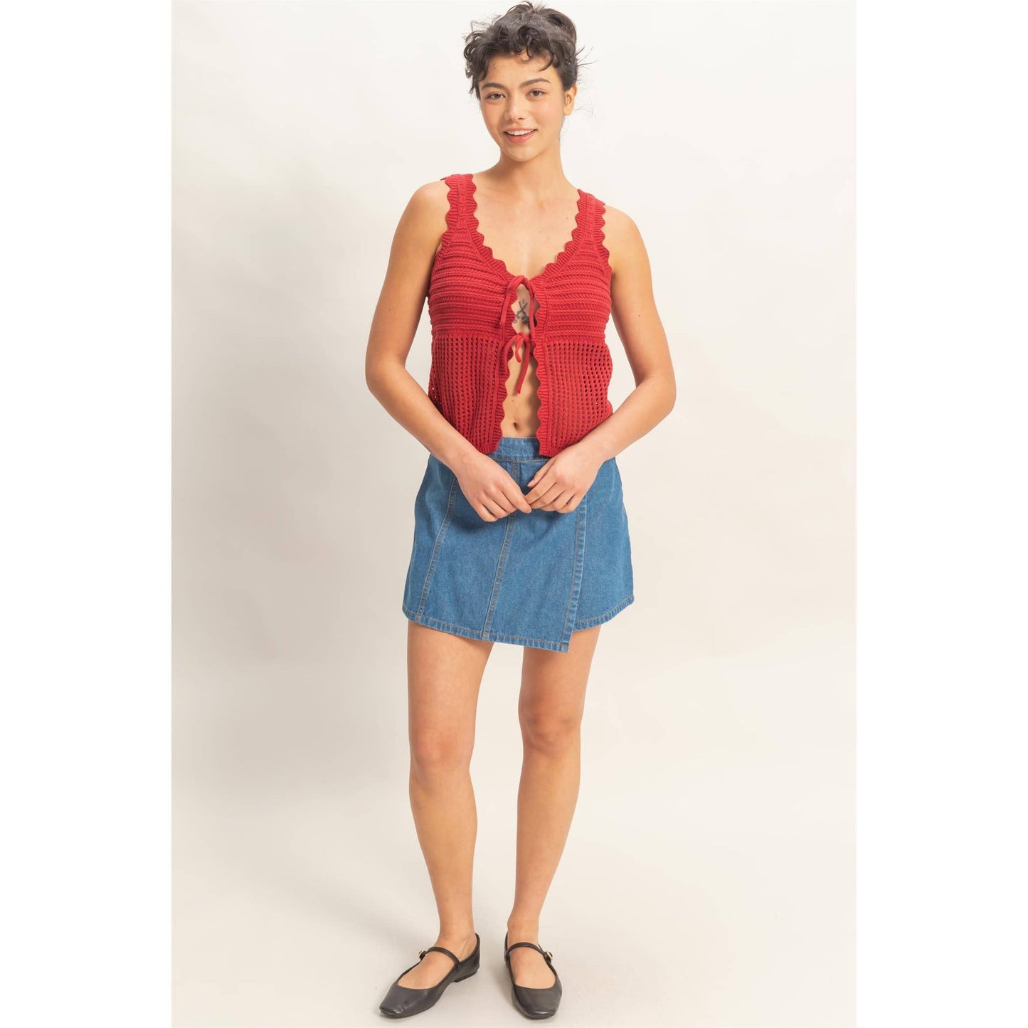 Sleeveless Open Knit Double Tie-Front Vest