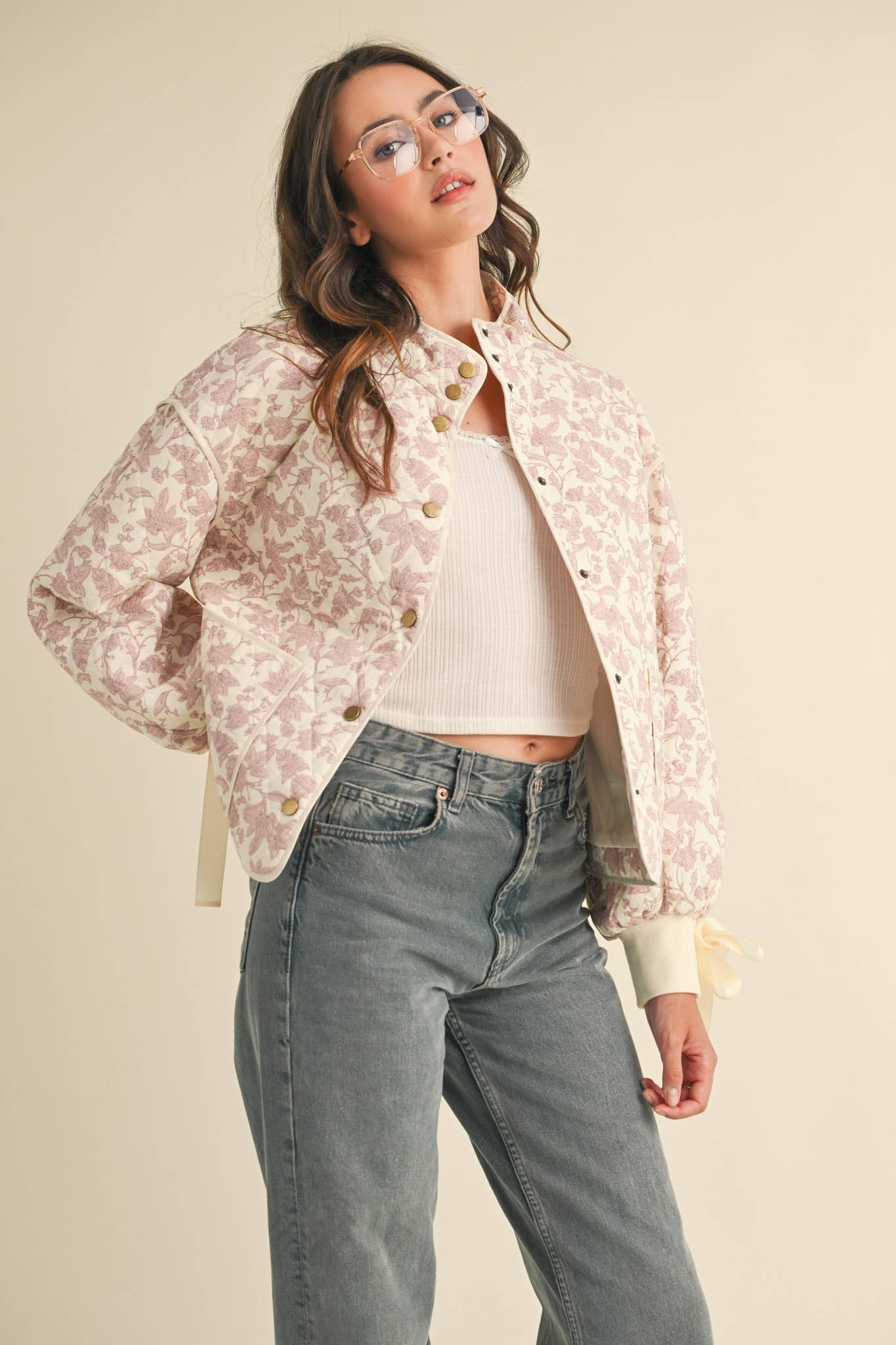 FLORAL QUILTED JACKET WITH RIBBON DETAIL MJK3622