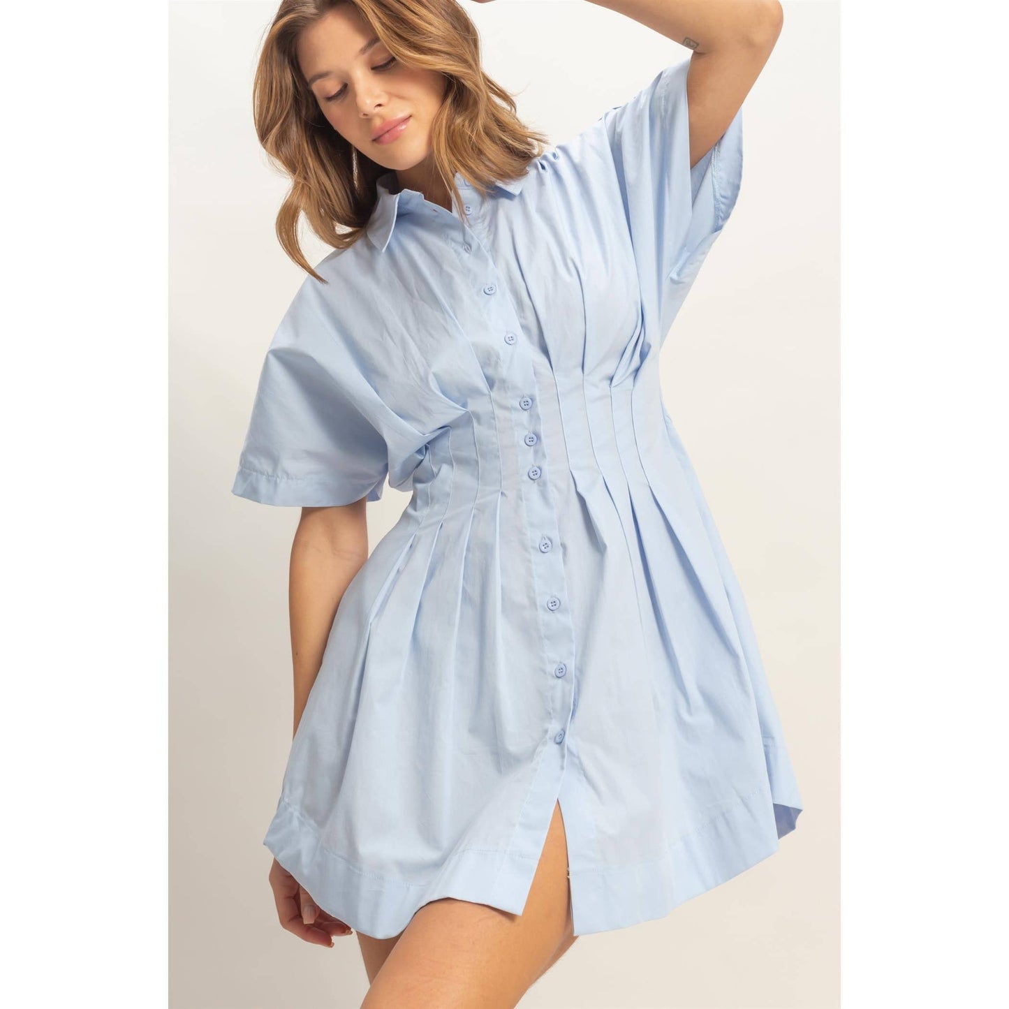 Pleated Button-Up Dress