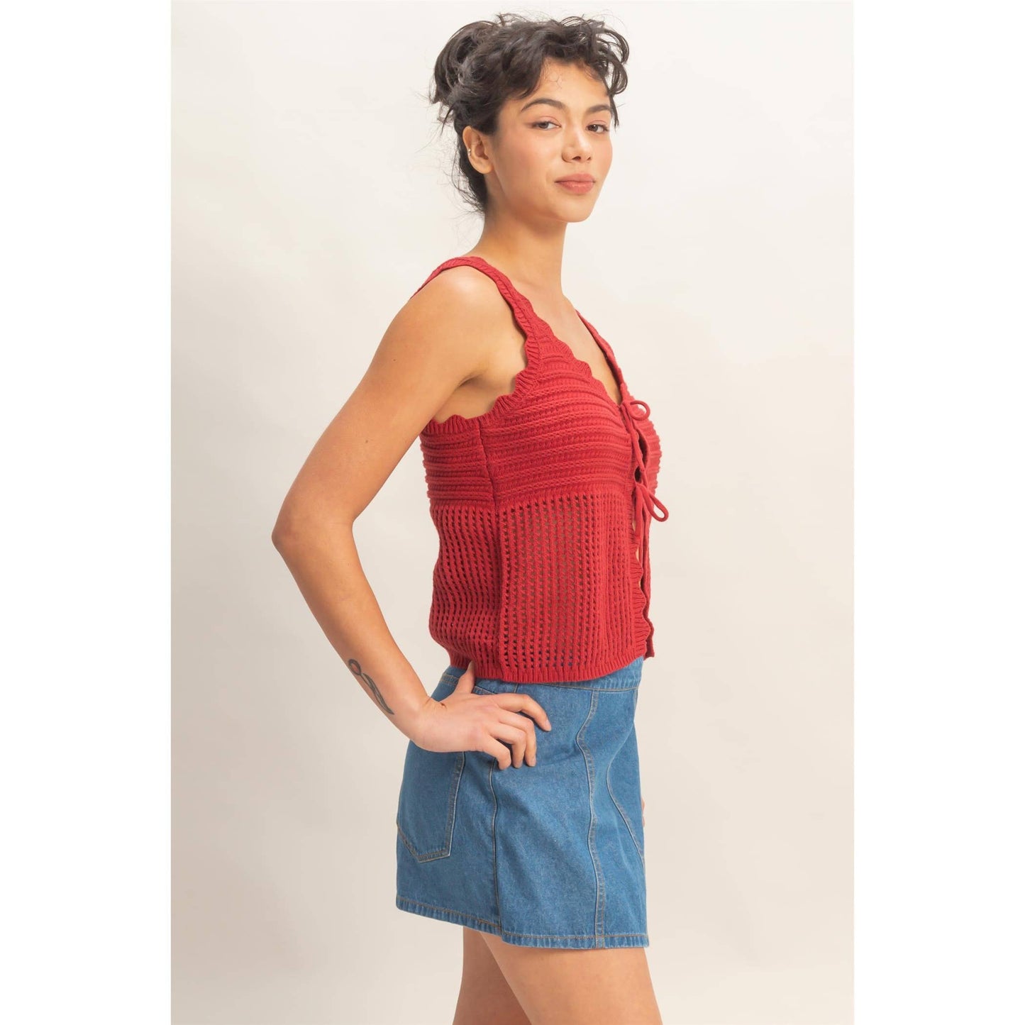 Sleeveless Open Knit Double Tie-Front Vest