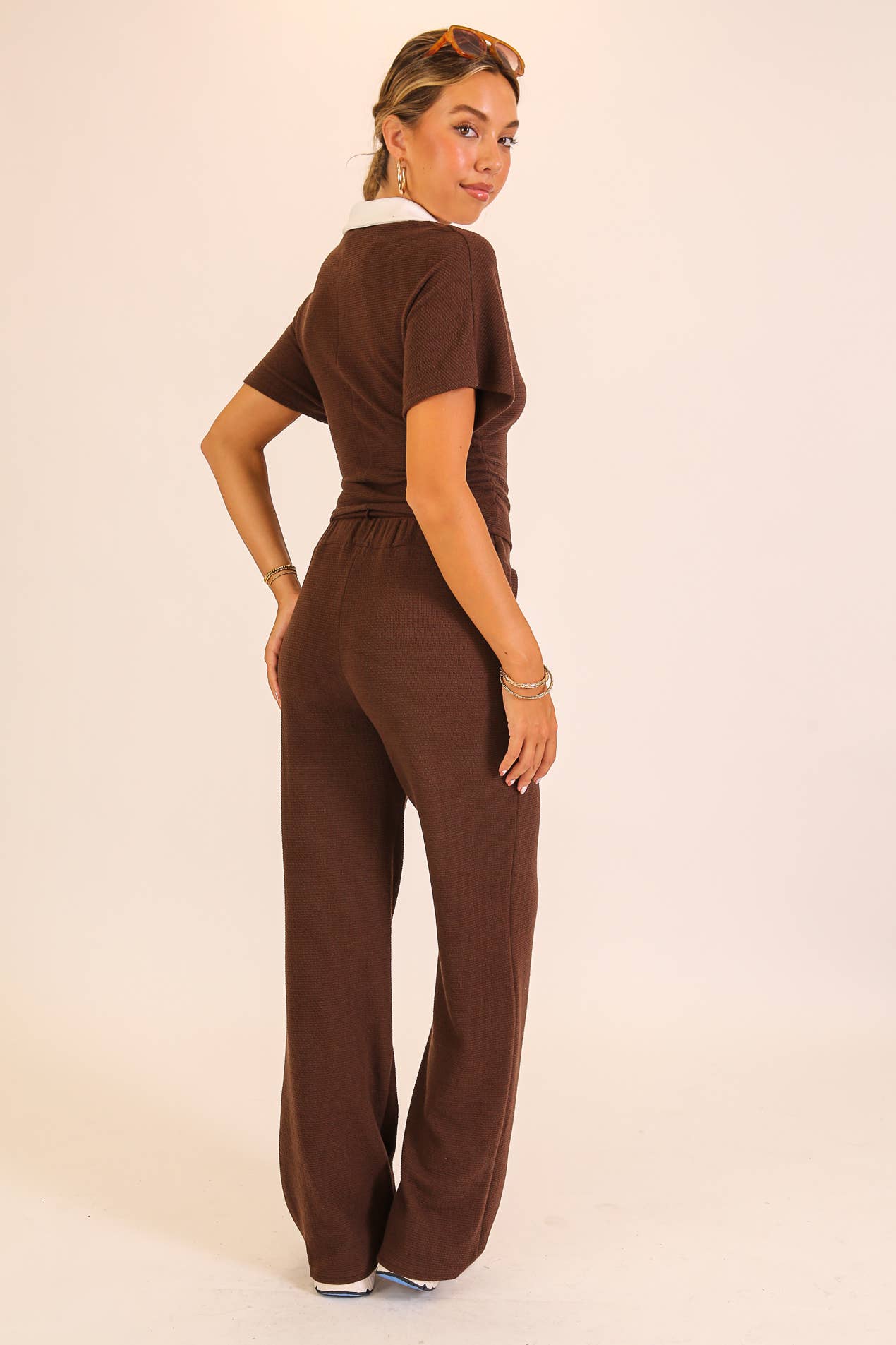Textured Polo Lounge Top & Wide-Leg Pant Set