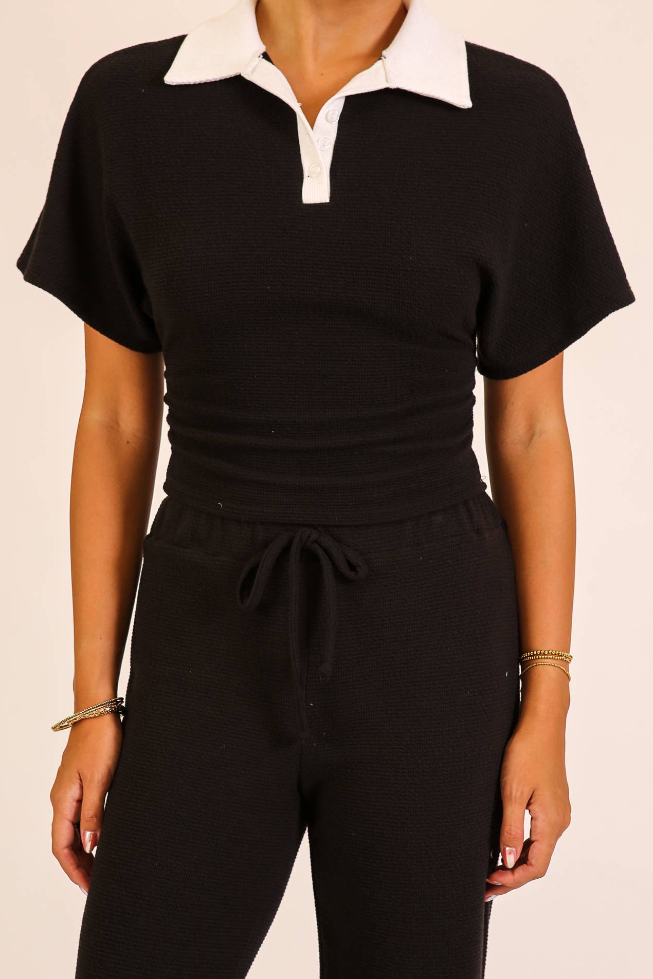 Textured Polo Lounge Top & Wide-Leg Pant Set