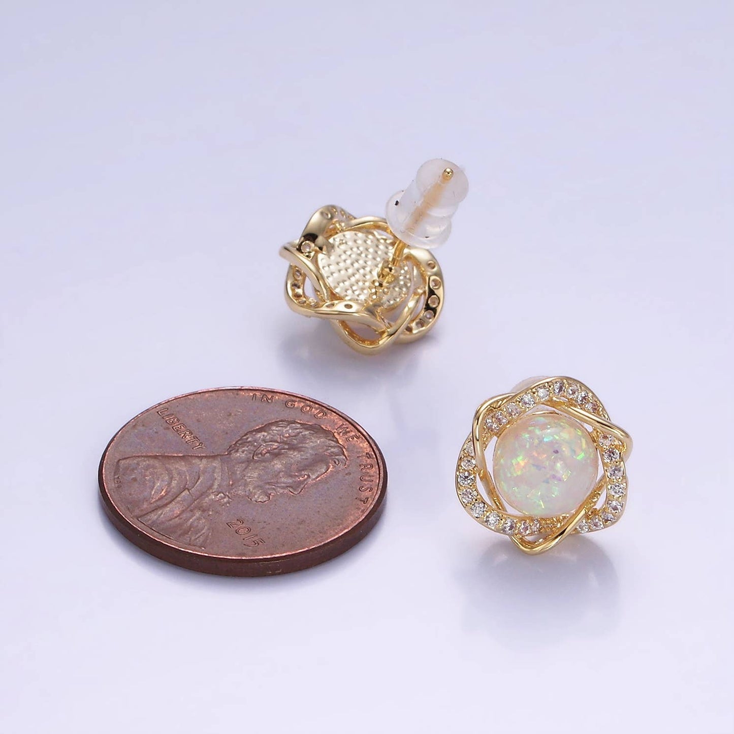 White Opal Curved Micro Paved Band Round Stud Earrings